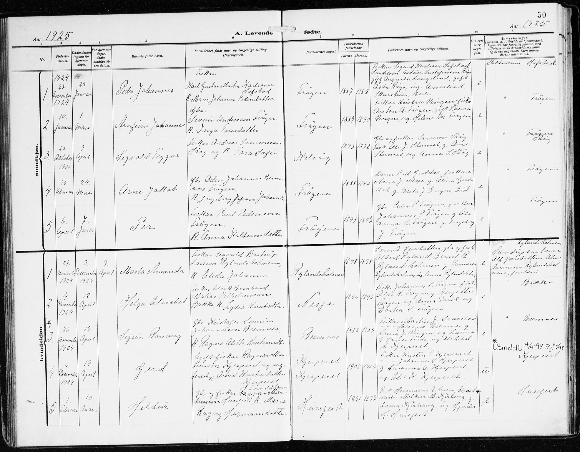 Bremanger sokneprestembete, SAB/A-82201/H/Haa/Haab/L0003: Parish register (official) no. B 3, 1908-1925, p. 50