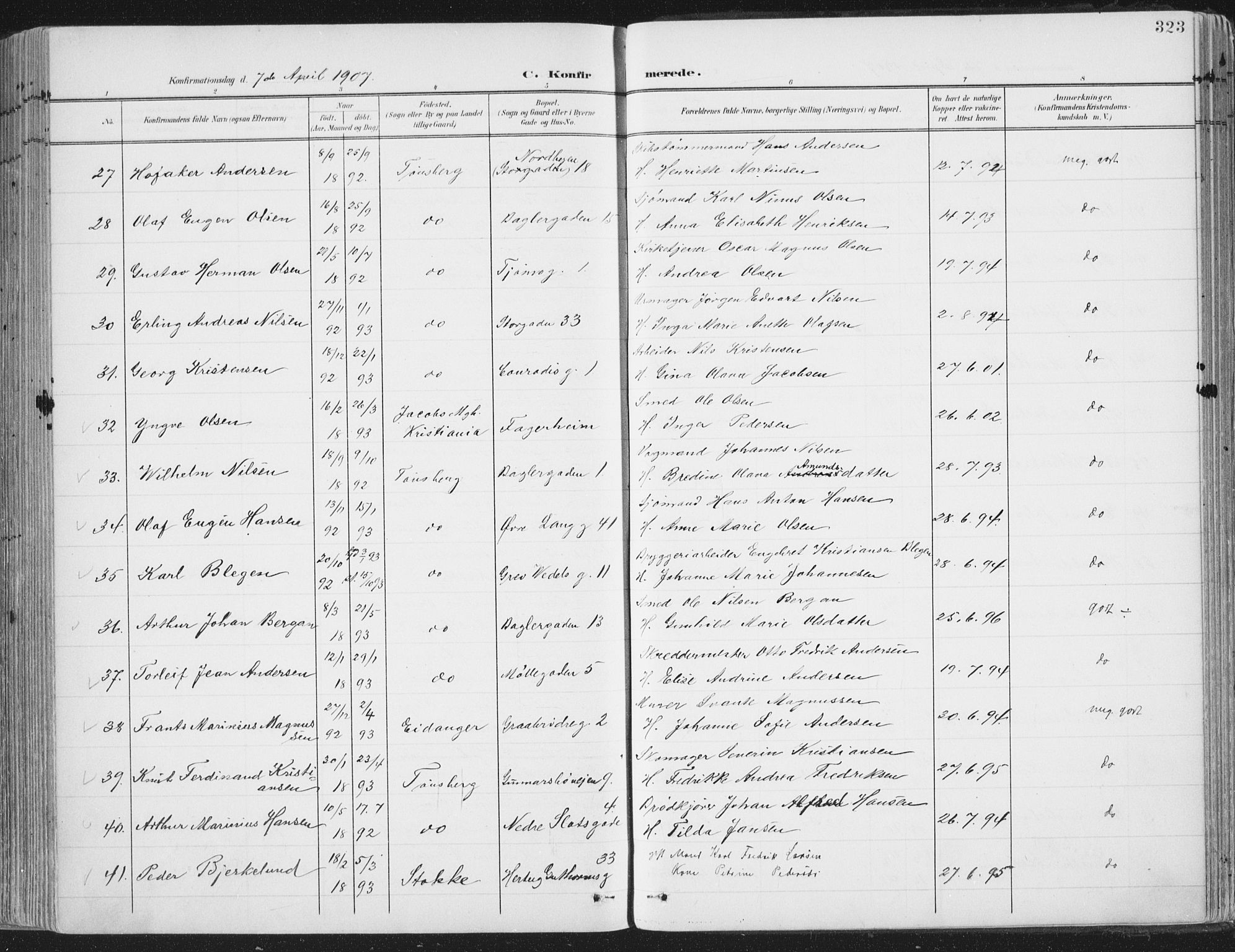 Tønsberg kirkebøker, SAKO/A-330/F/Fa/L0014: Parish register (official) no. I 14, 1900-1913, p. 323