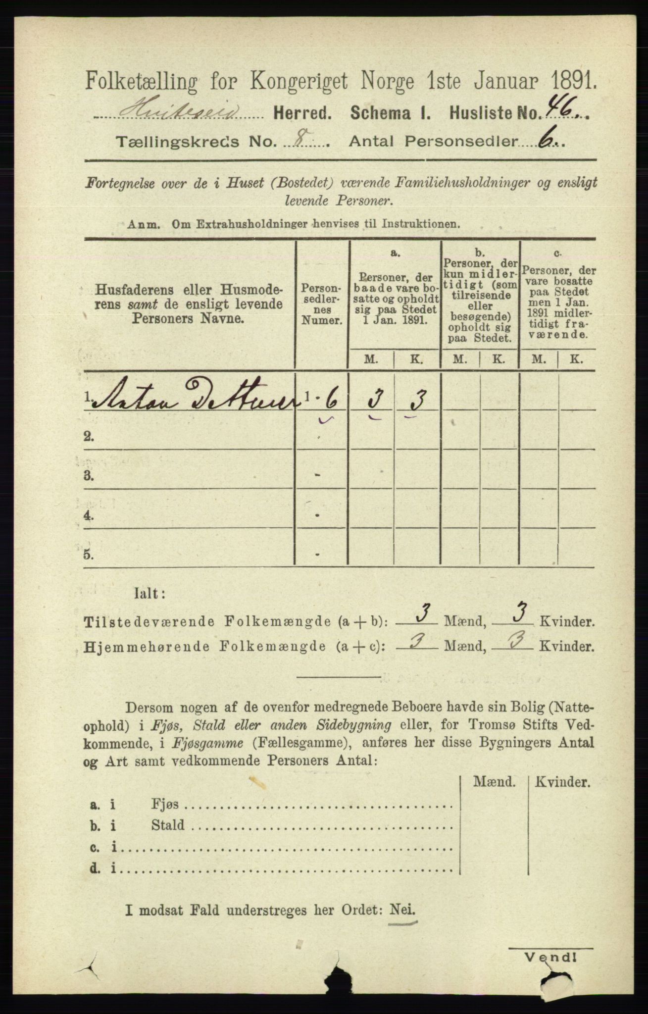 RA, 1891 census for 0829 Kviteseid, 1891, p. 1594