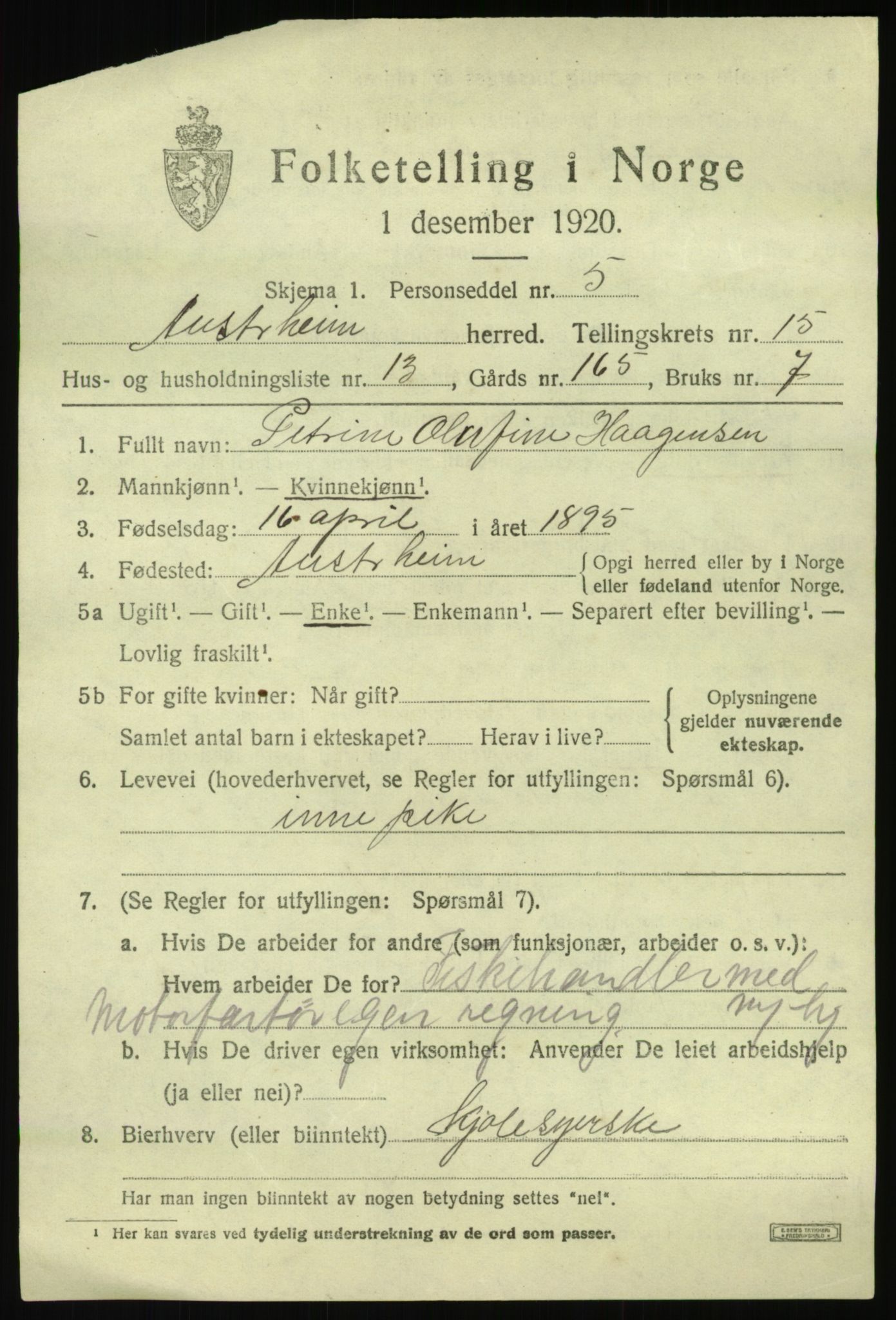 SAB, 1920 census for Austrheim, 1920, p. 5098