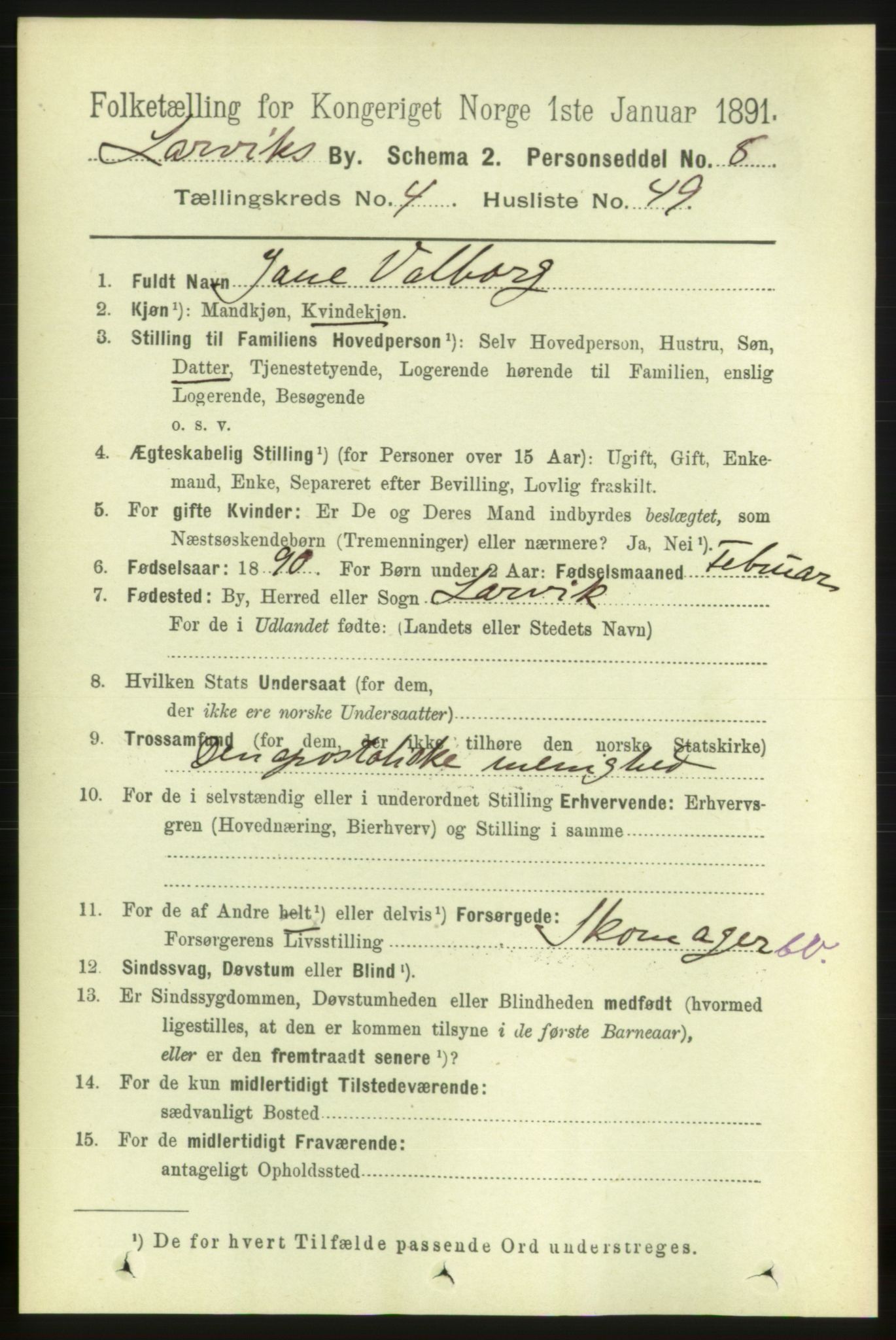 RA, 1891 census for 0707 Larvik, 1891, p. 5704