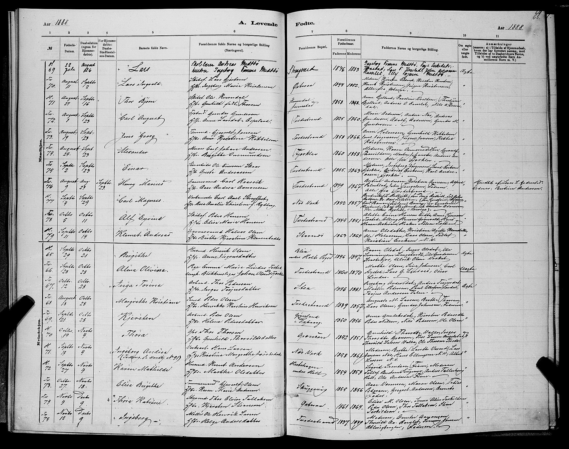 Holt sokneprestkontor, AV/SAK-1111-0021/F/Fb/L0010: Parish register (copy) no. B 10, 1883-1896, p. 68