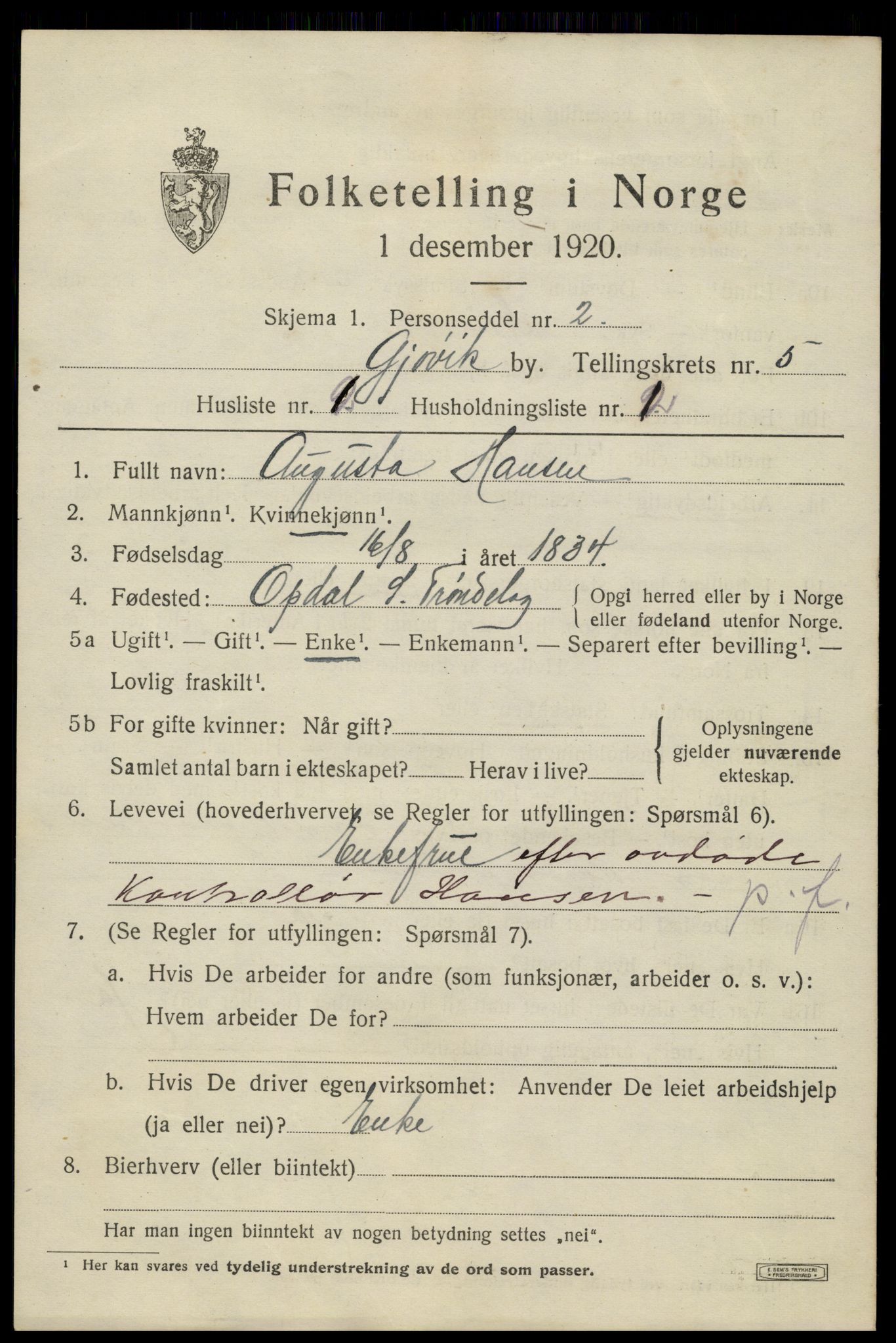 SAH, 1920 census for Gjøvik, 1920, p. 10000