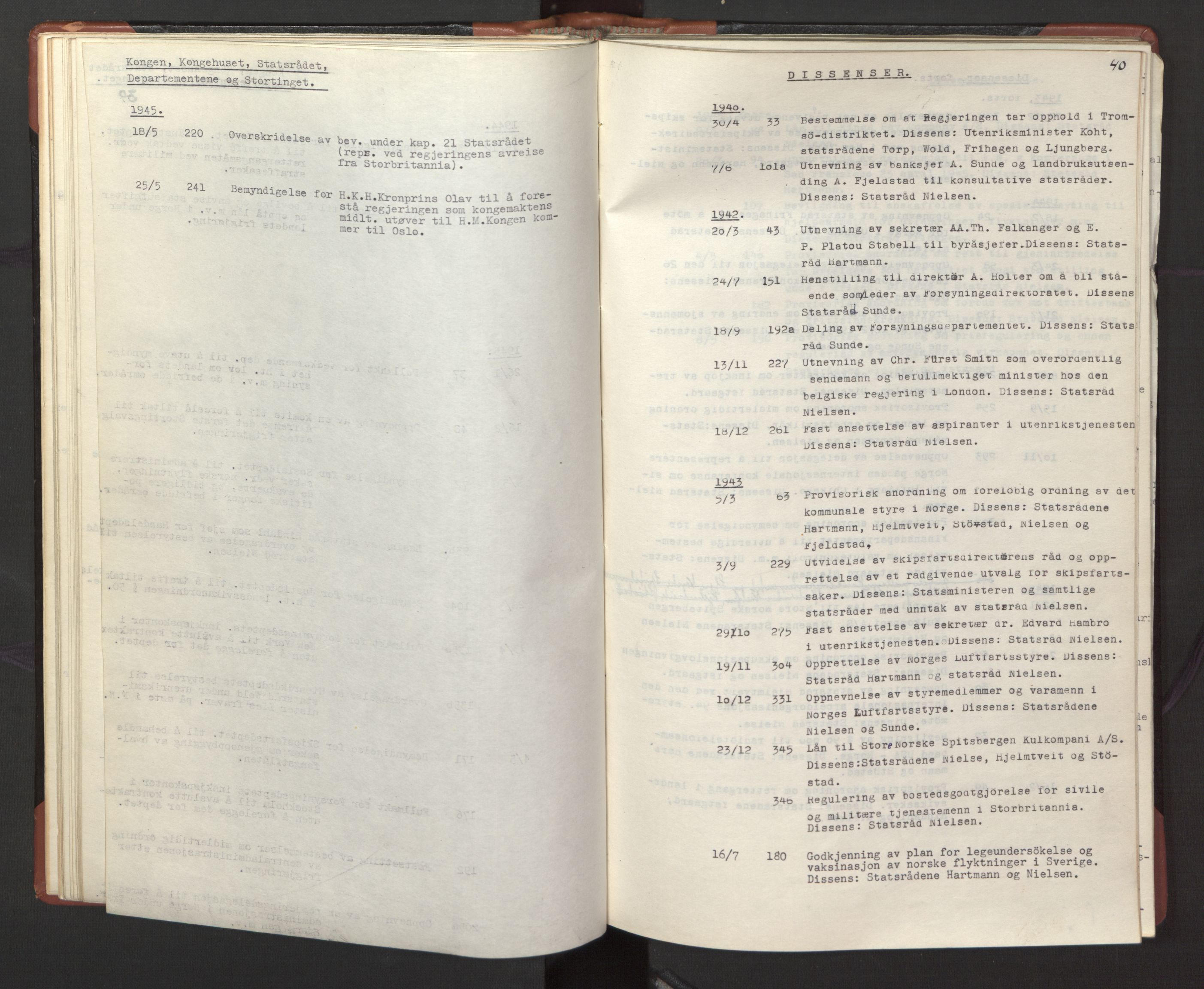 Statsrådssekretariatet, RA/S-1001/A/Ac/L0127: Register 9/4-25/5, 1940-1945, p. 45
