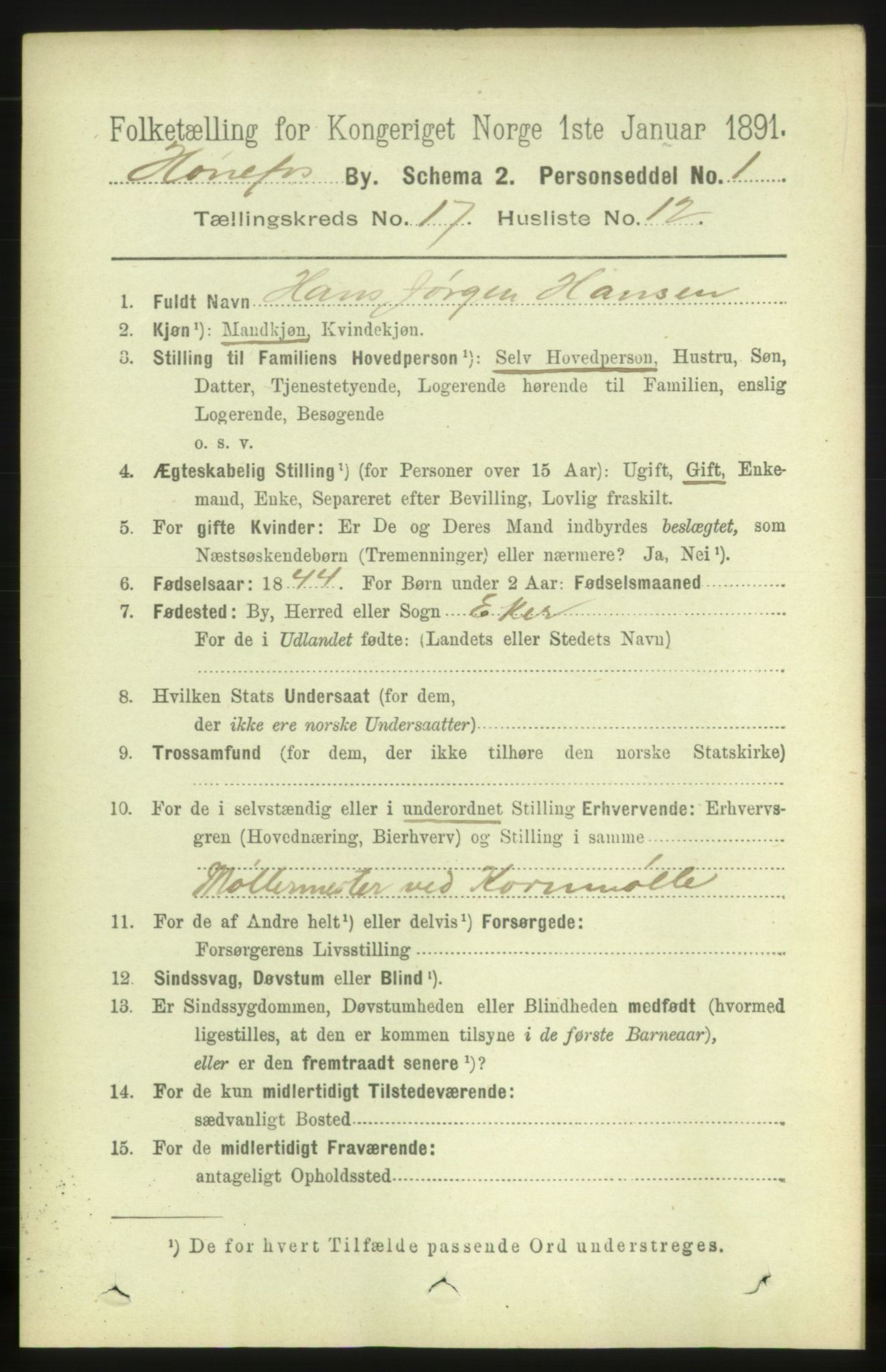 RA, 1891 census for 0601 Hønefoss, 1891, p. 1943