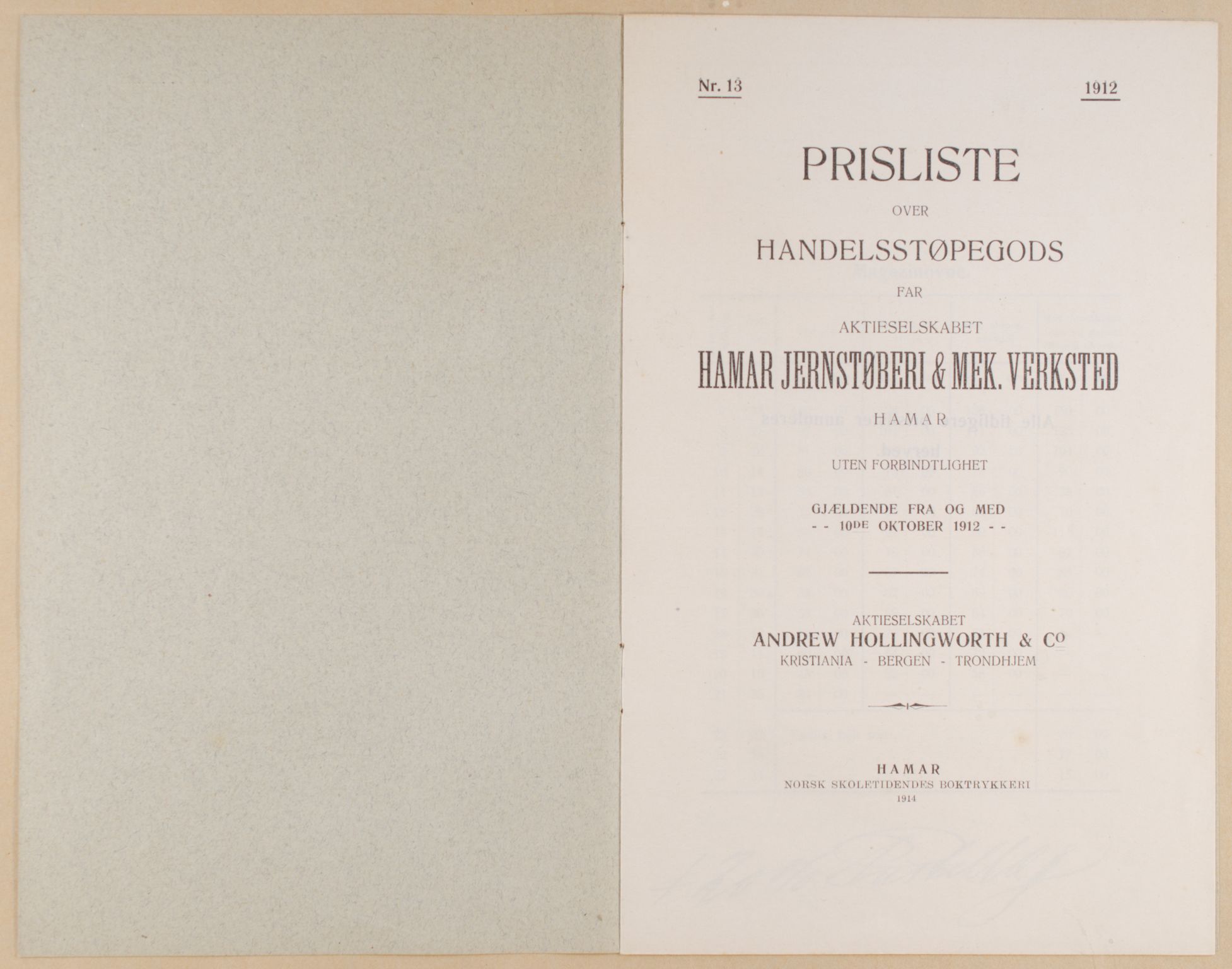 Næs Jernverksmuseets samling av historiske ovnskataloger, NESJ/NJM-006/01/L0011: Hamar Jernstøberi & Mek. Versted, Katalog nr. 12, Prisliste nr. 13, 1914