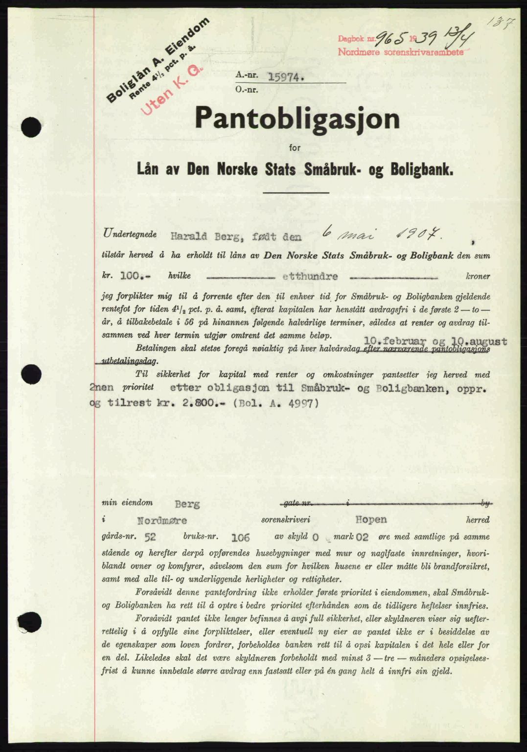 Nordmøre sorenskriveri, AV/SAT-A-4132/1/2/2Ca: Mortgage book no. B85, 1939-1939, Diary no: : 965/1939