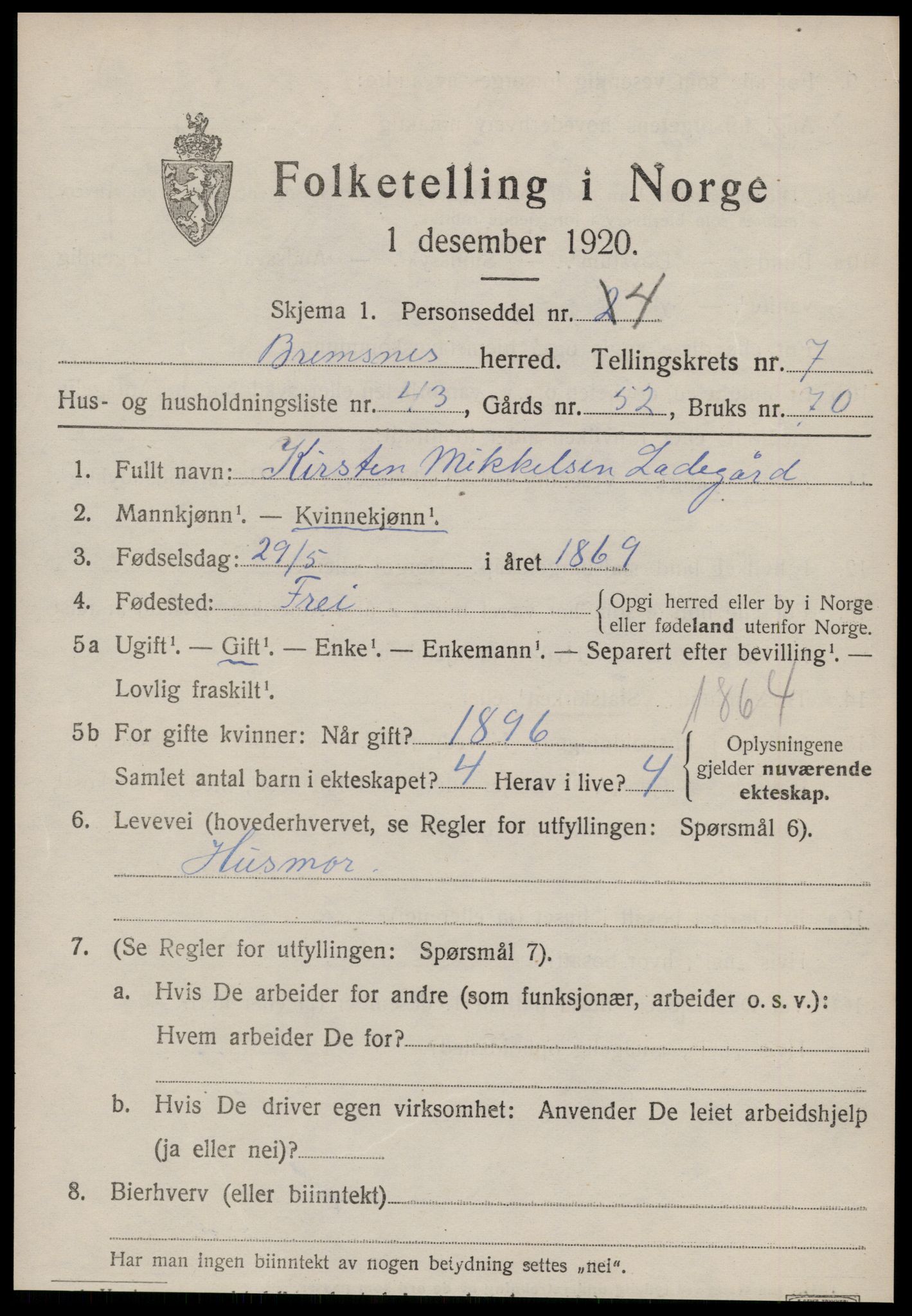 SAT, 1920 census for Bremsnes, 1920, p. 6017