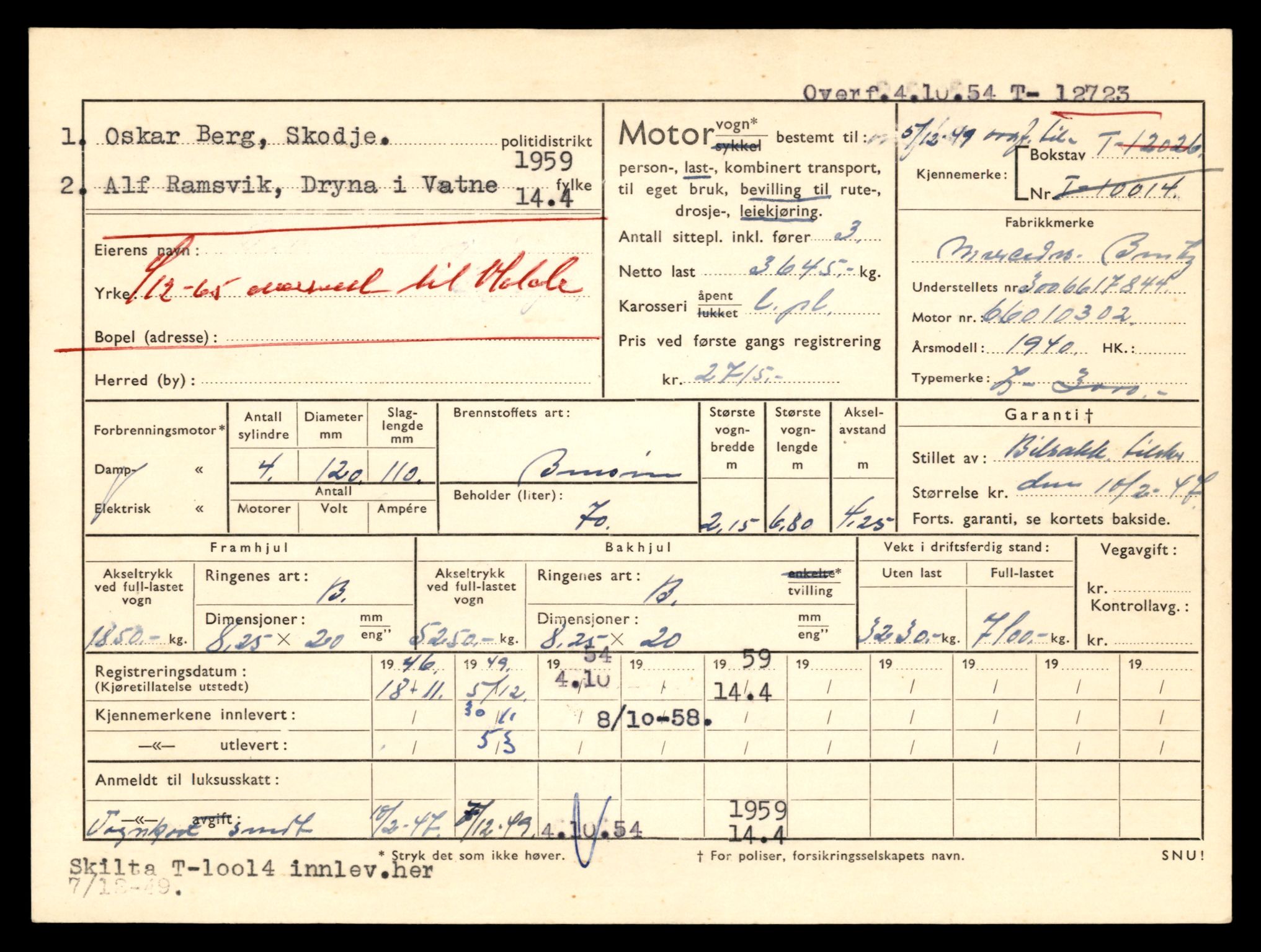 Møre og Romsdal vegkontor - Ålesund trafikkstasjon, AV/SAT-A-4099/F/Fe/L0035: Registreringskort for kjøretøy T 12653 - T 12829, 1927-1998, p. 1320