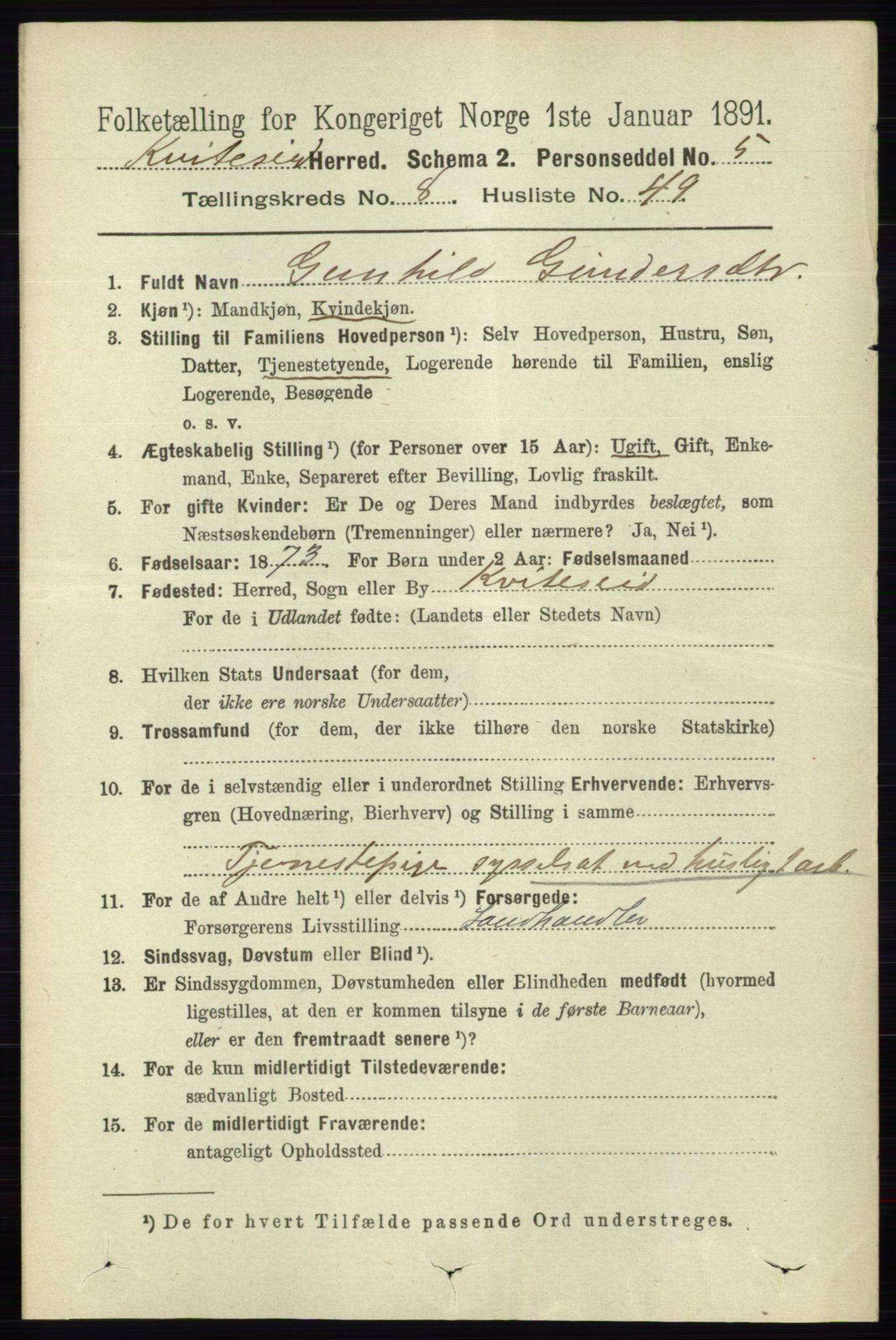 RA, 1891 census for 0829 Kviteseid, 1891, p. 1909