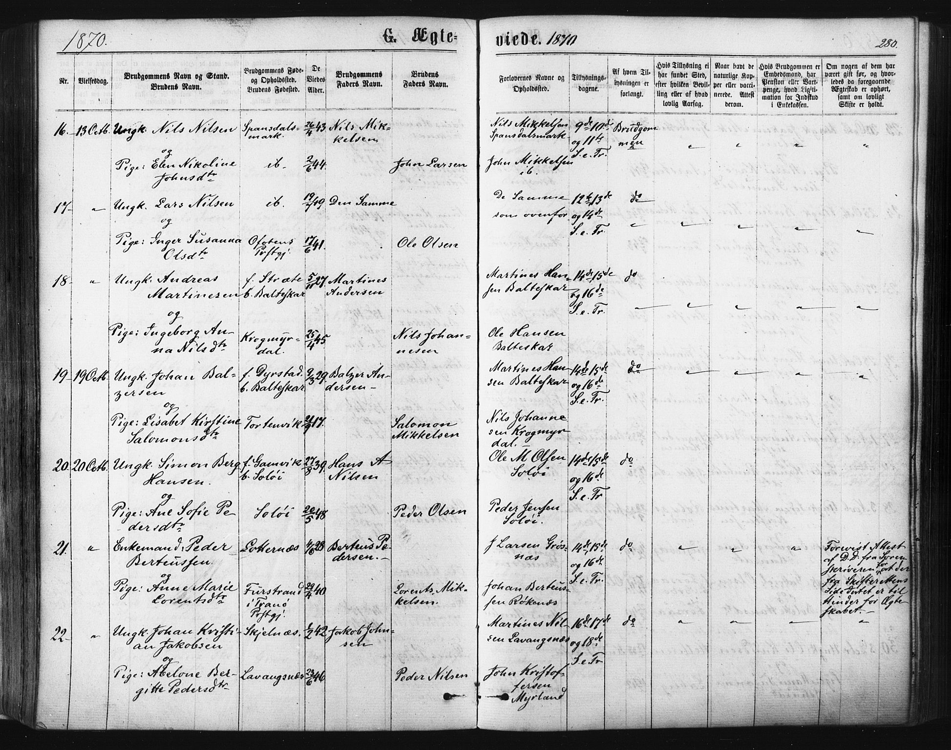 Ibestad sokneprestembete, SATØ/S-0077/H/Ha/Haa/L0010kirke: Parish register (official) no. 10, 1869-1879, p. 280