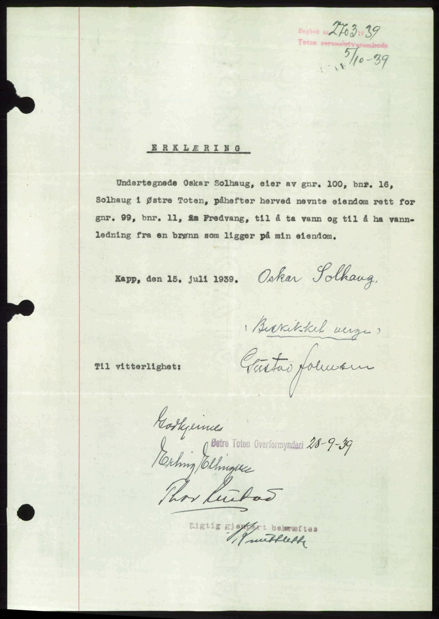 Toten tingrett, SAH/TING-006/H/Hb/Hbc/L0006: Mortgage book no. Hbc-06, 1939-1939, Diary no: : 2703/1939