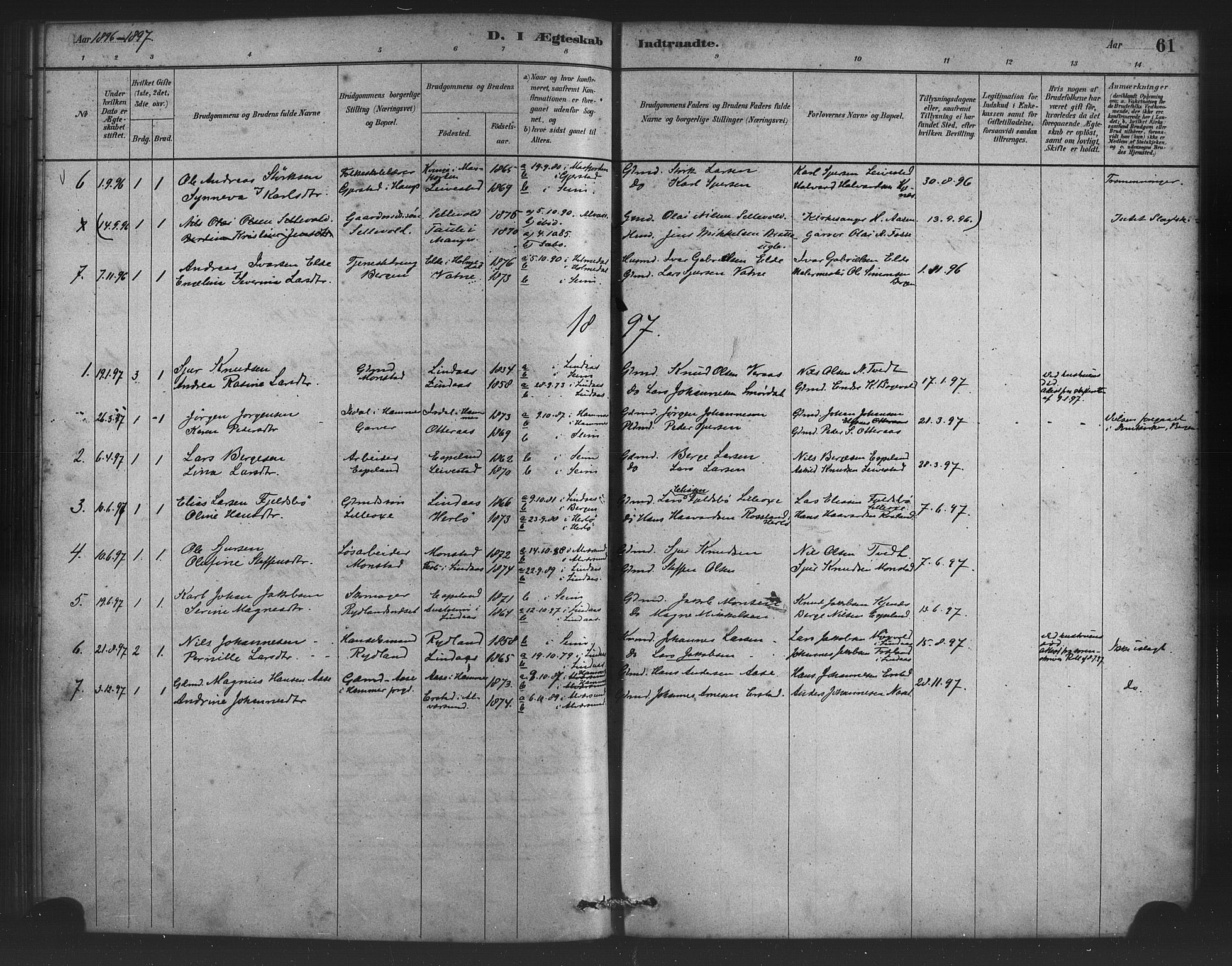 Alversund Sokneprestembete, SAB/A-73901/H/Ha/Haa/Haad/L0001: Parish register (official) no. D 1, 1880-1898, p. 61