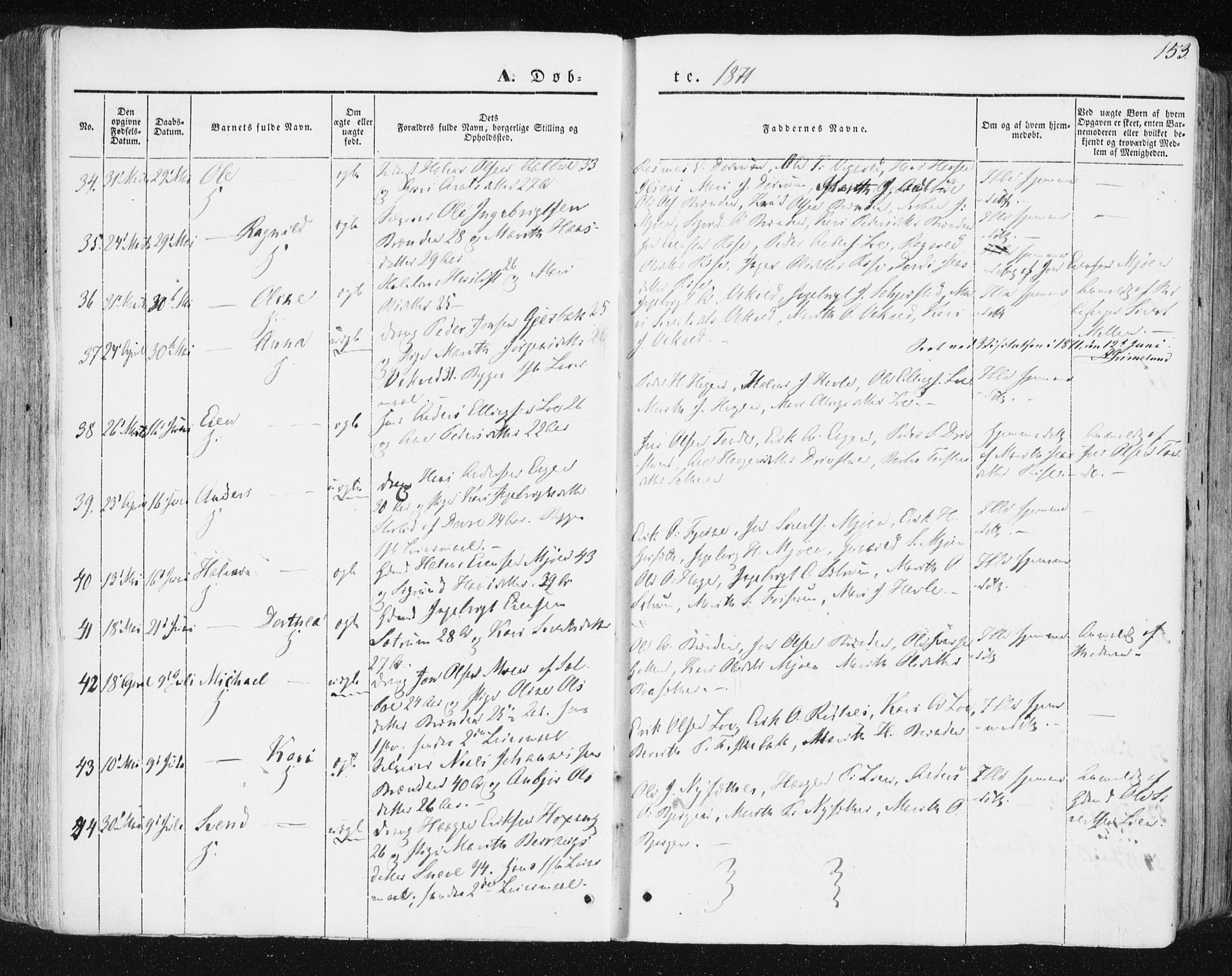 Ministerialprotokoller, klokkerbøker og fødselsregistre - Sør-Trøndelag, SAT/A-1456/678/L0899: Parish register (official) no. 678A08, 1848-1872, p. 153
