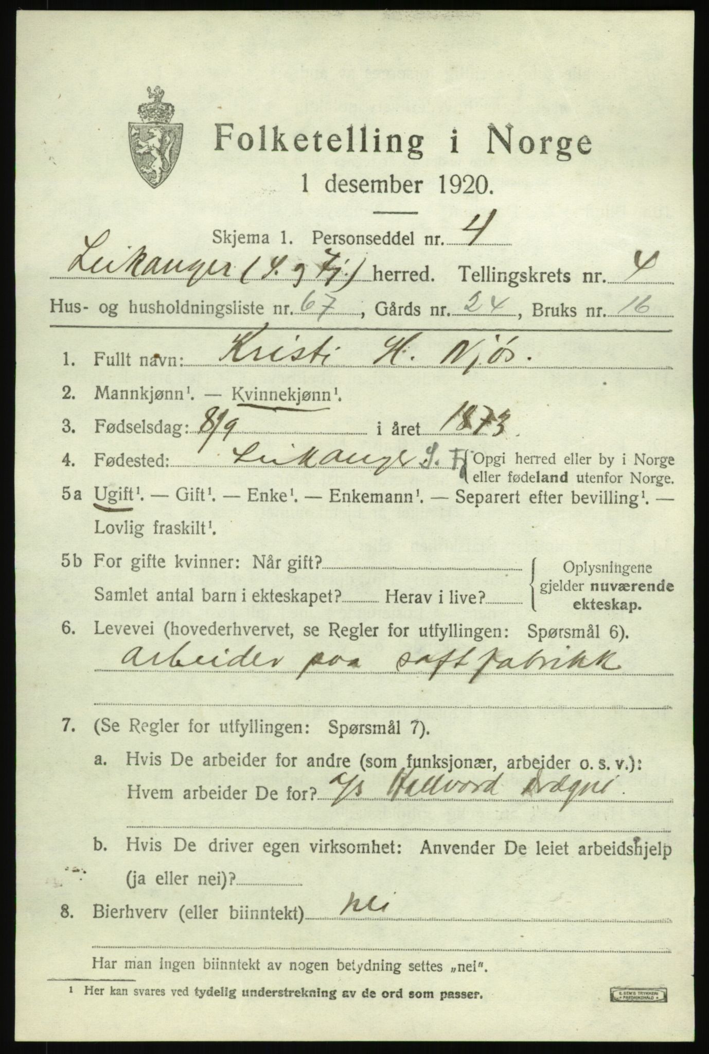 SAB, 1920 census for Leikanger, 1920, p. 3574