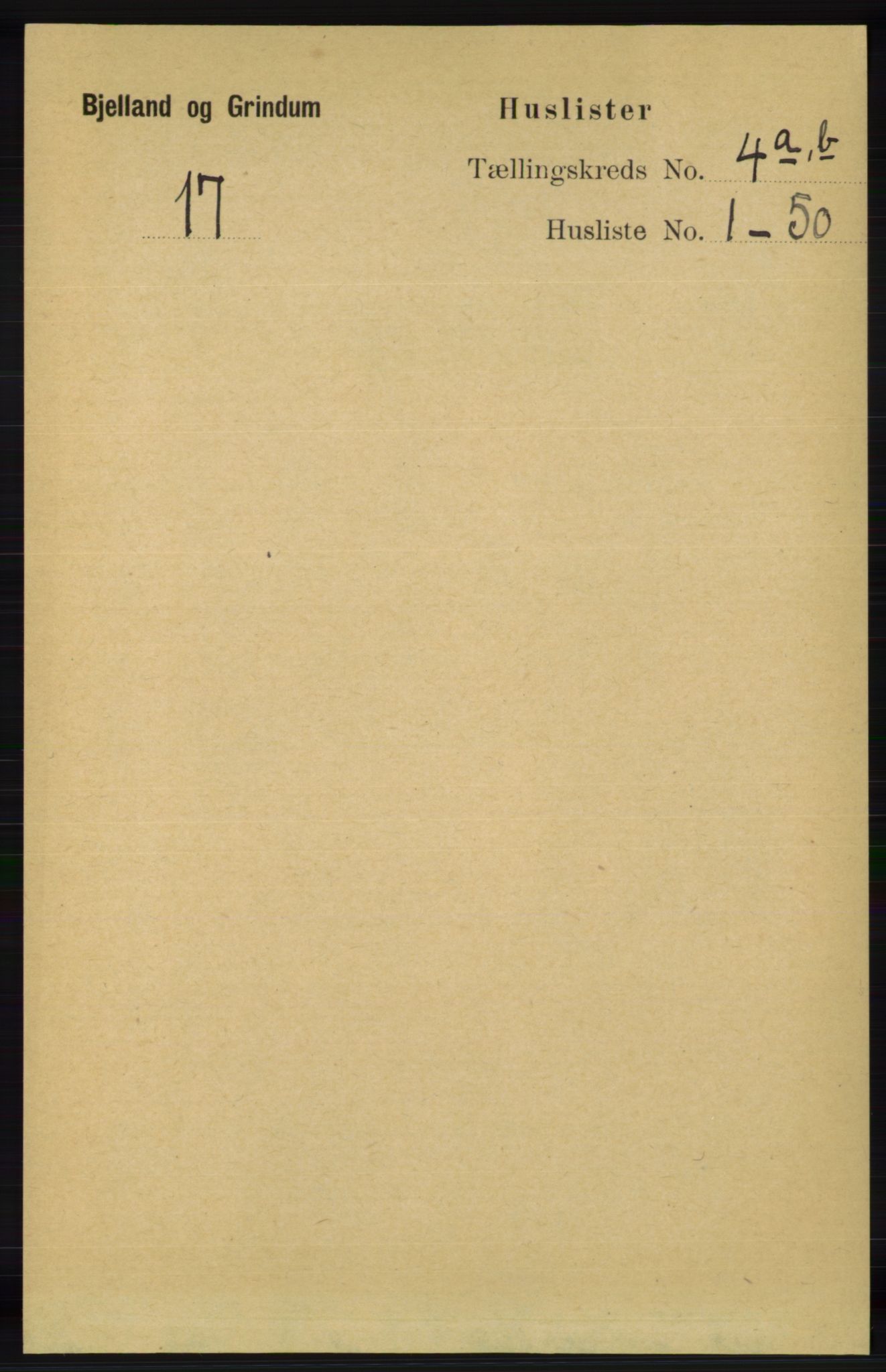 RA, 1891 census for 1024 Bjelland og Grindheim, 1891, p. 2026