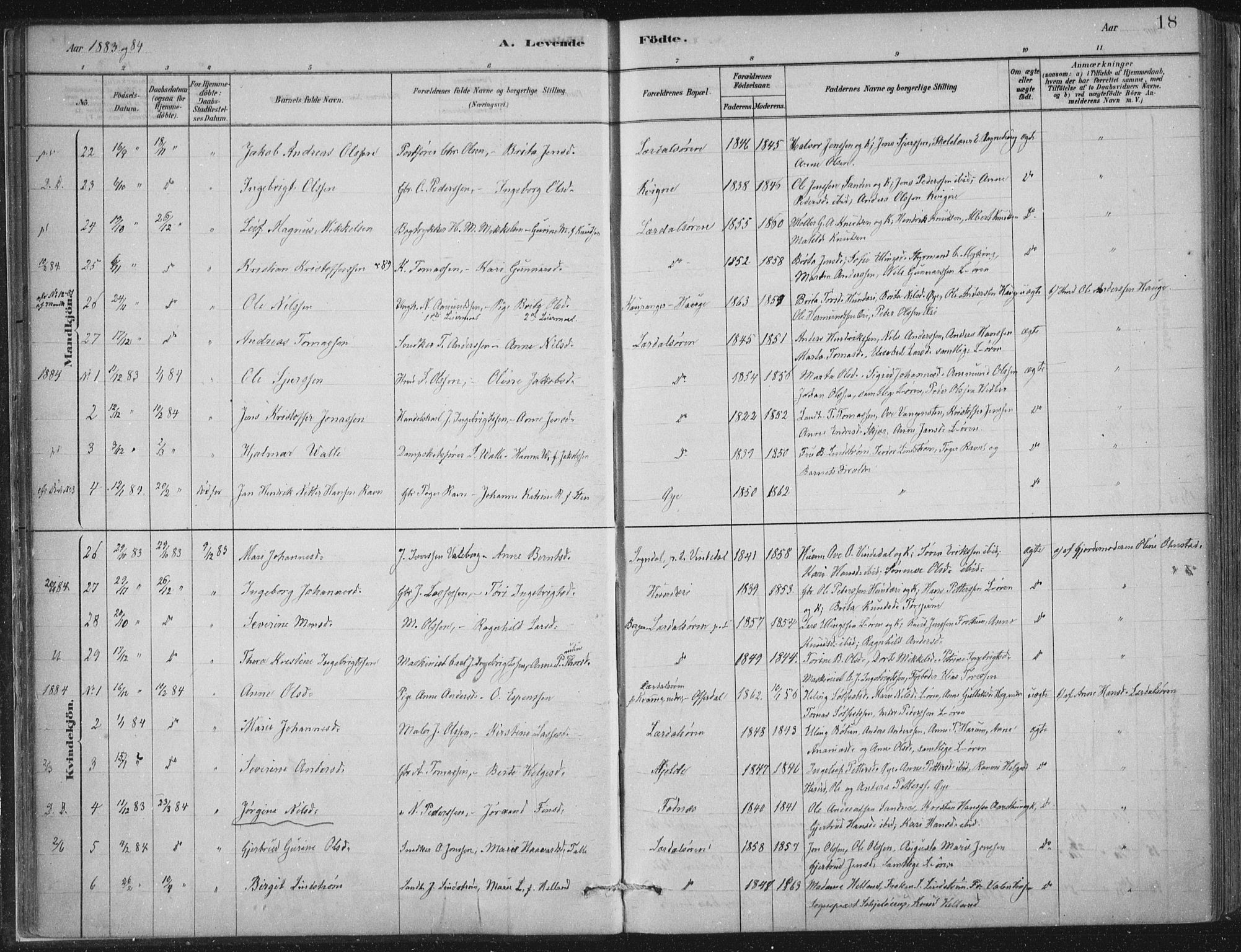 Lærdal sokneprestembete, SAB/A-81201: Parish register (official) no. D  1, 1878-1908, p. 18