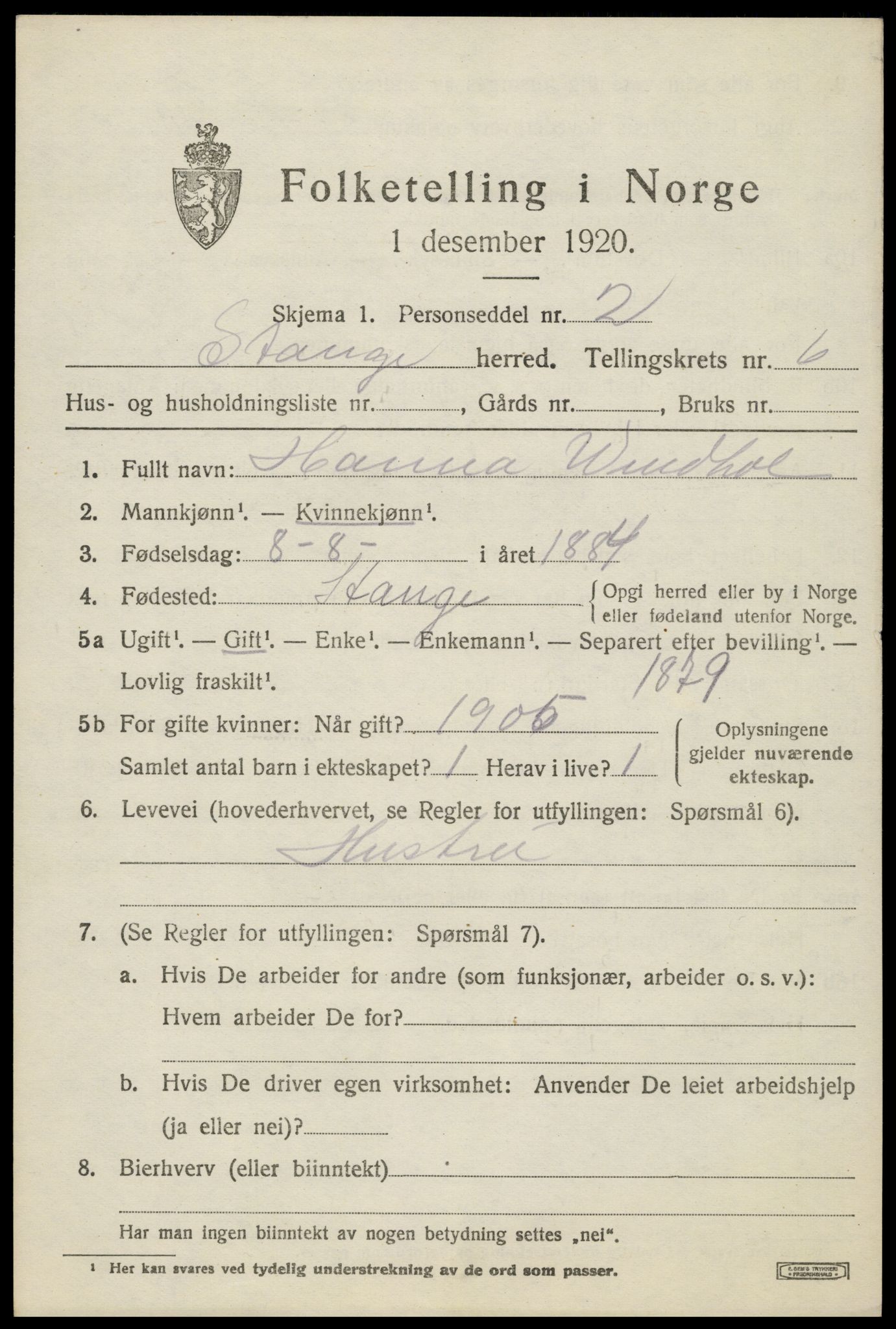 SAH, 1920 census for Stange, 1920, p. 10597