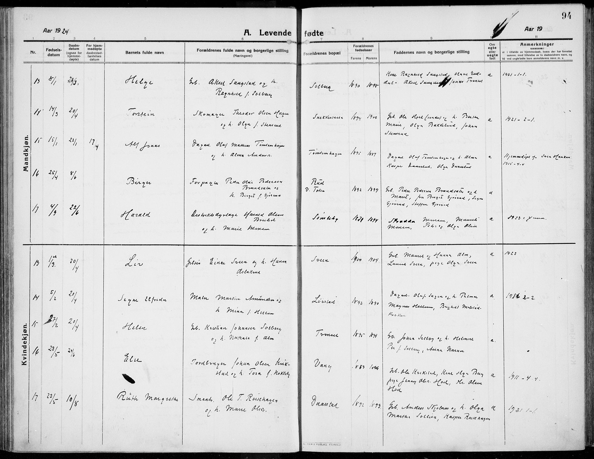 Kolbu prestekontor, AV/SAH-PREST-110/H/Ha/Haa/L0002: Parish register (official) no. 2, 1912-1926, p. 94