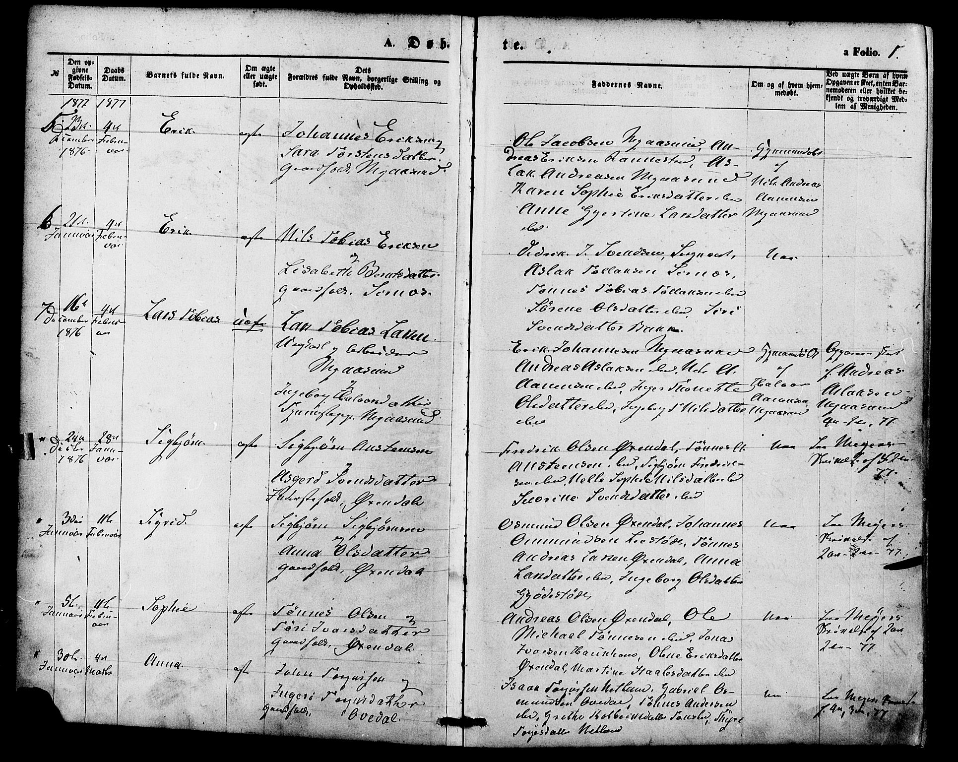 Bakke sokneprestkontor, SAK/1111-0002/F/Fa/Faa/L0007: Parish register (official) no. A 7, 1877-1886, p. 1