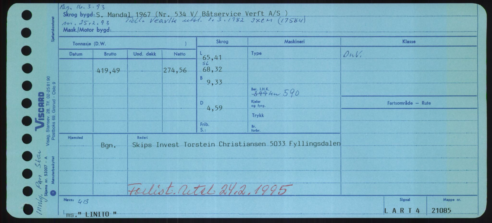 Sjøfartsdirektoratet med forløpere, Skipsmålingen, RA/S-1627/H/Hd/L0023: Fartøy, Lia-Løv, p. 169