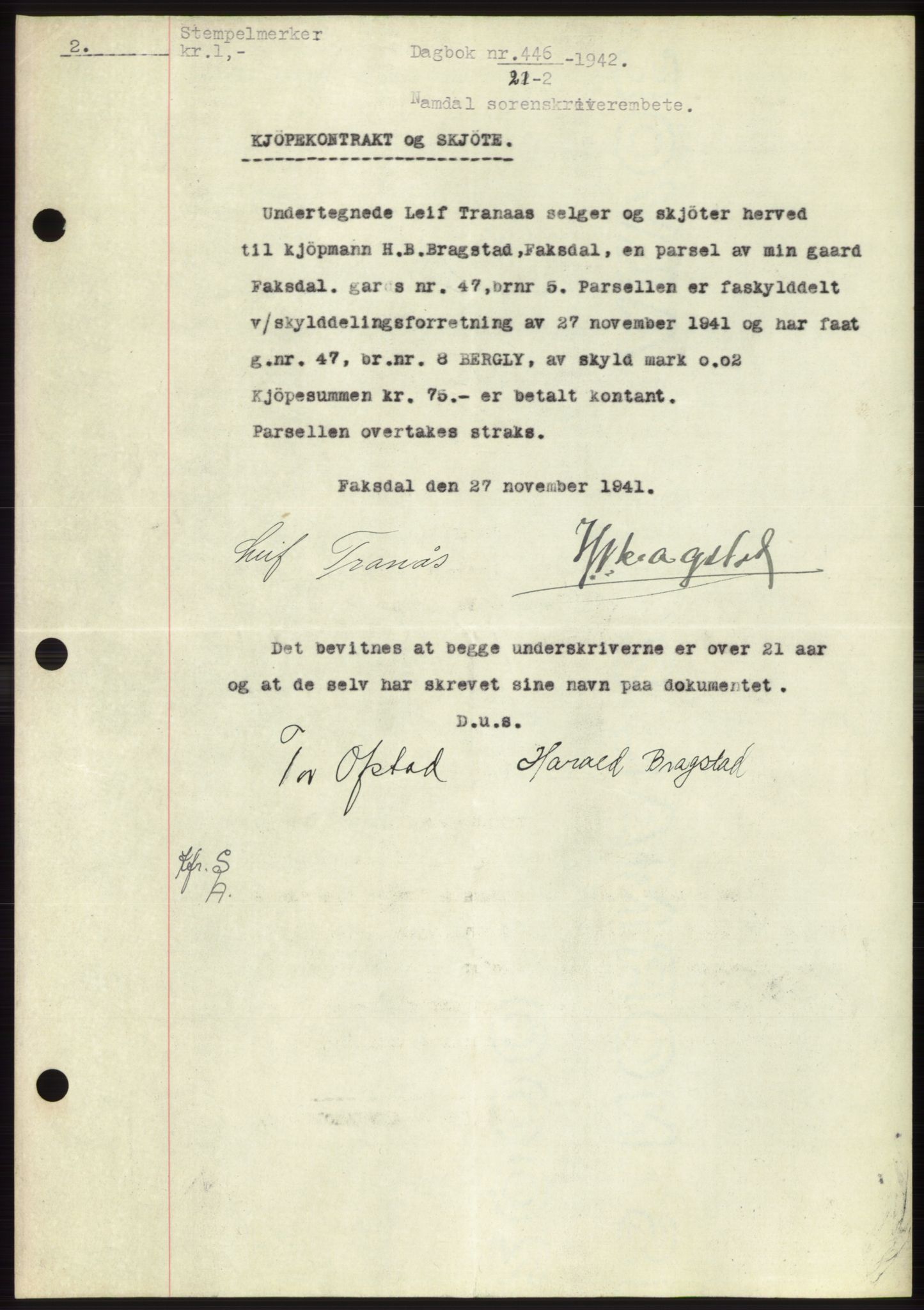 Namdal sorenskriveri, SAT/A-4133/1/2/2C: Mortgage book no. -, 1941-1942, Diary no: : 446/1942