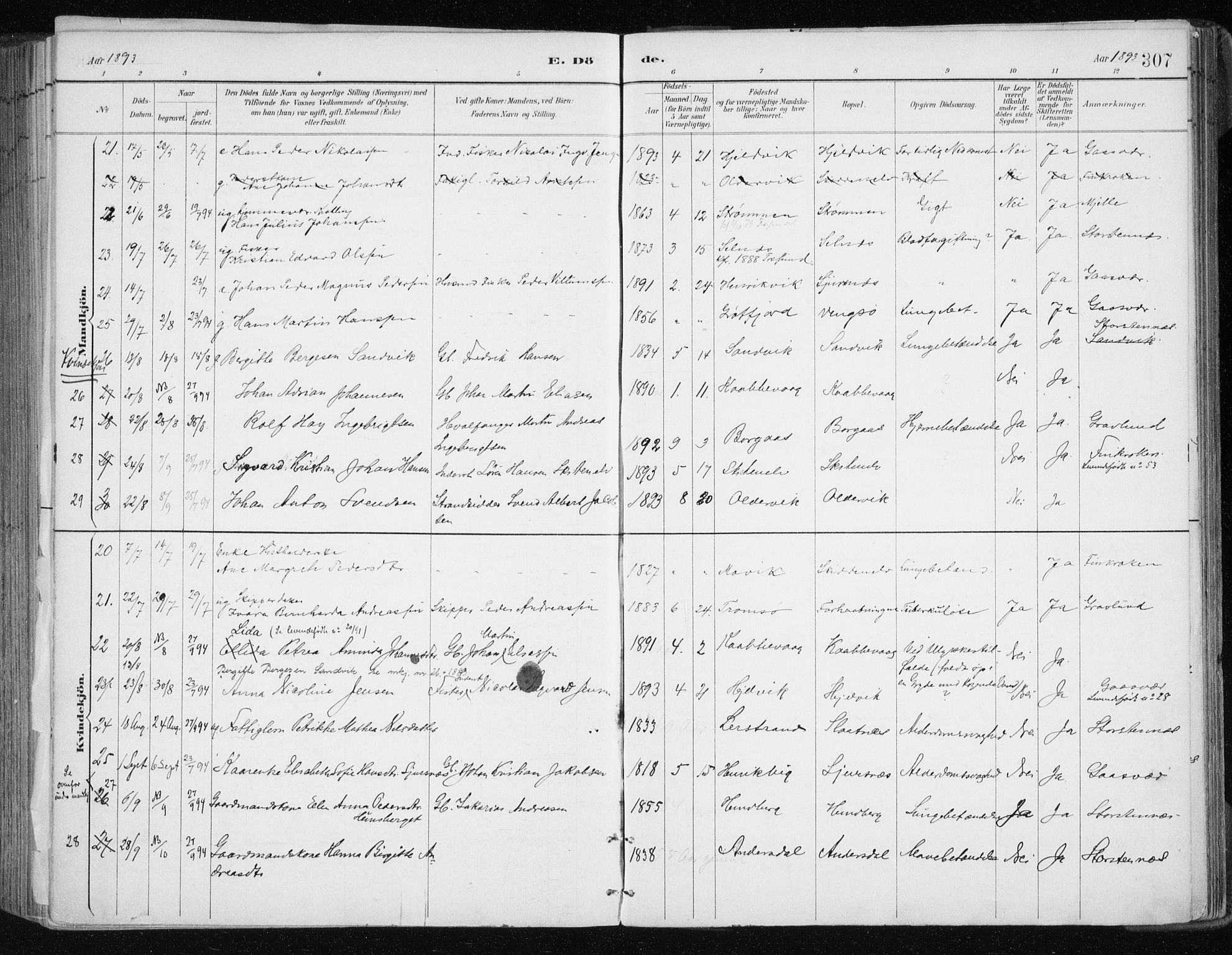 Tromsøysund sokneprestkontor, AV/SATØ-S-1304/G/Ga/L0005kirke: Parish register (official) no. 5, 1888-1896, p. 307