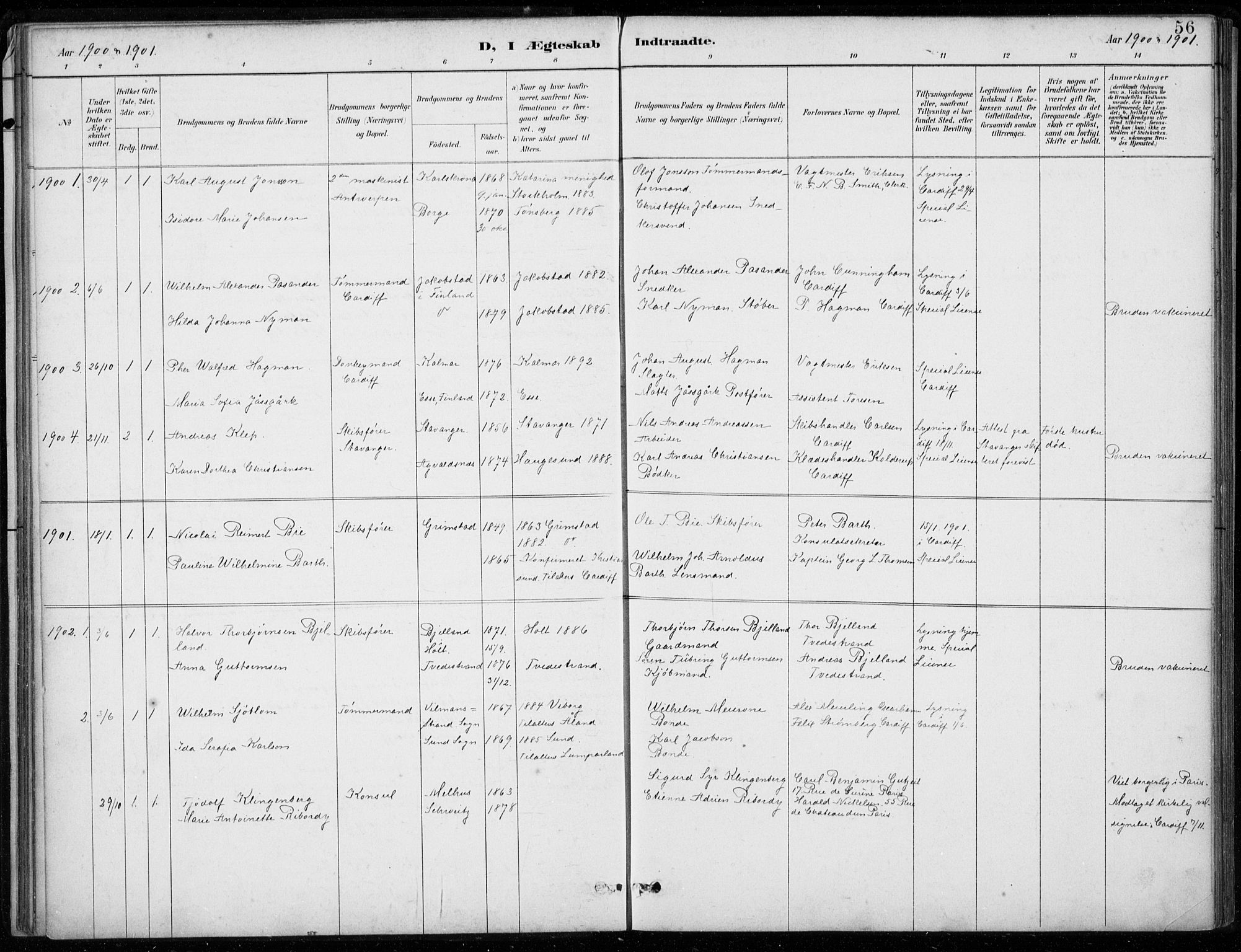 Den norske sjømannsmisjon i utlandet/Bristolhavnene(Cardiff-Swansea), SAB/SAB/PA-0102/H/Ha/Haa/L0002: Parish register (official) no. A 2, 1887-1932, p. 56