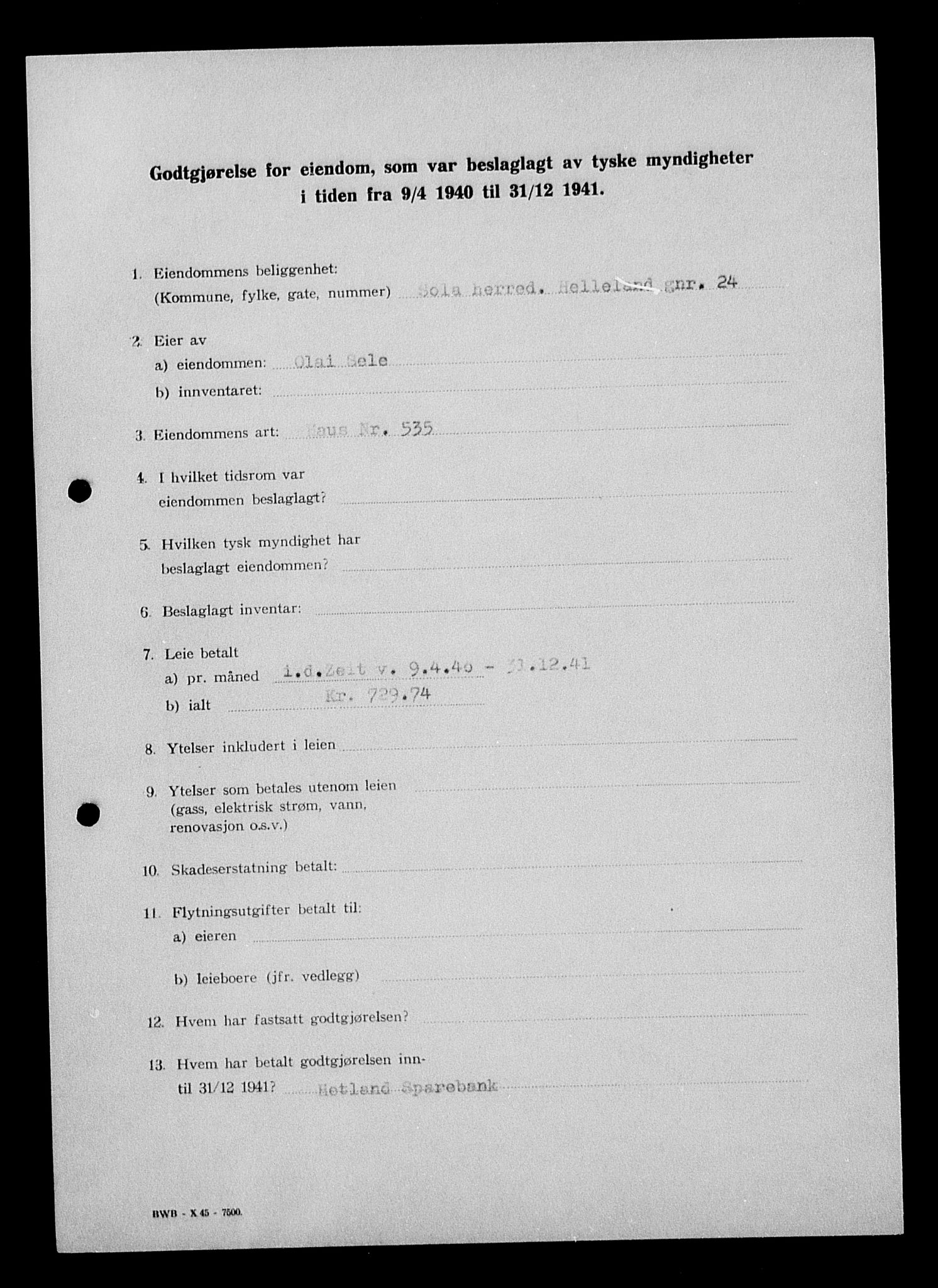 Justisdepartementet, Tilbakeføringskontoret for inndratte formuer, AV/RA-S-1564/I/L1015: Godtgjørelse for beslaglagt eiendom, 1940-1941, p. 153