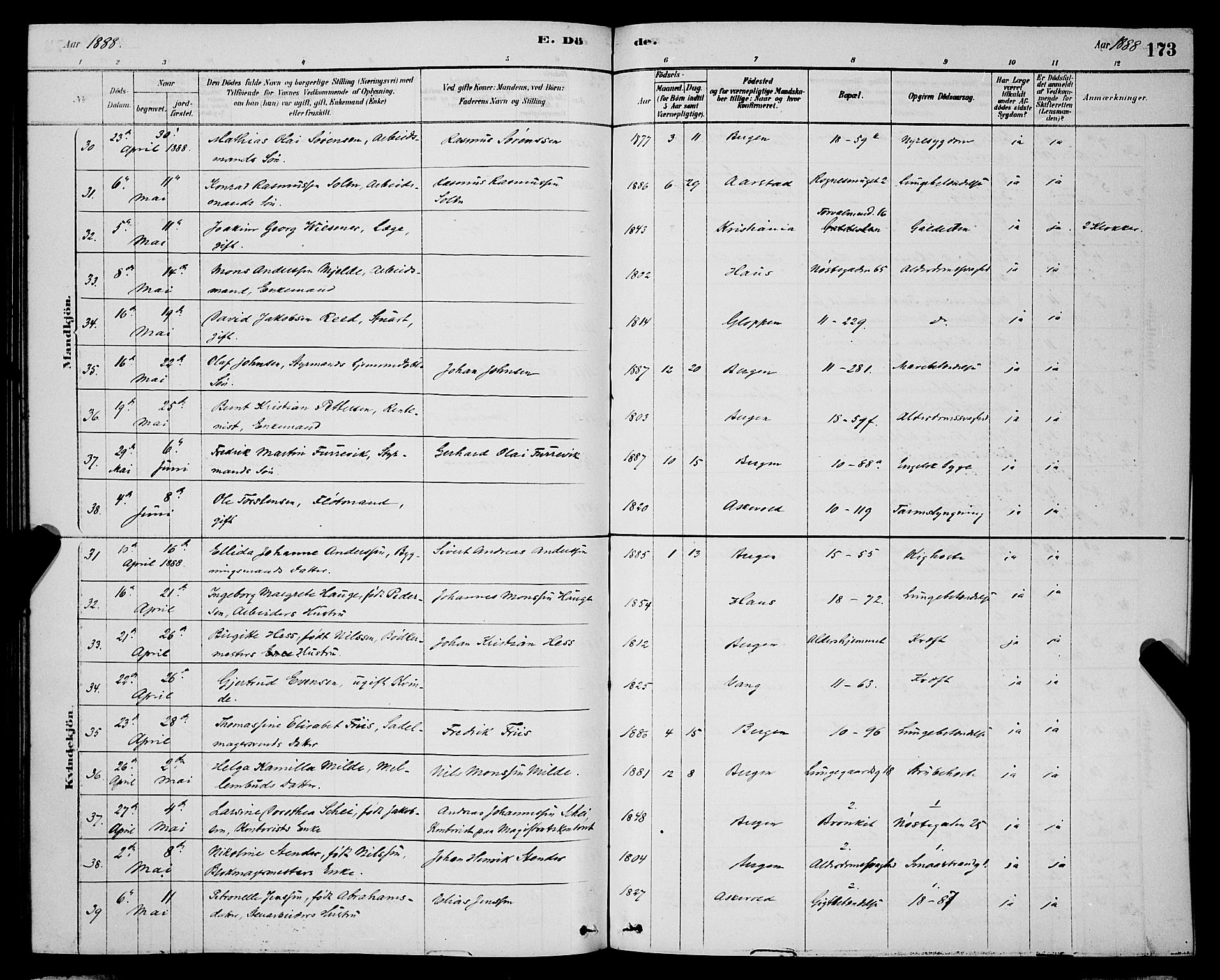 Domkirken sokneprestembete, AV/SAB-A-74801/H/Hab/L0041: Parish register (copy) no. E 5, 1878-1900, p. 173