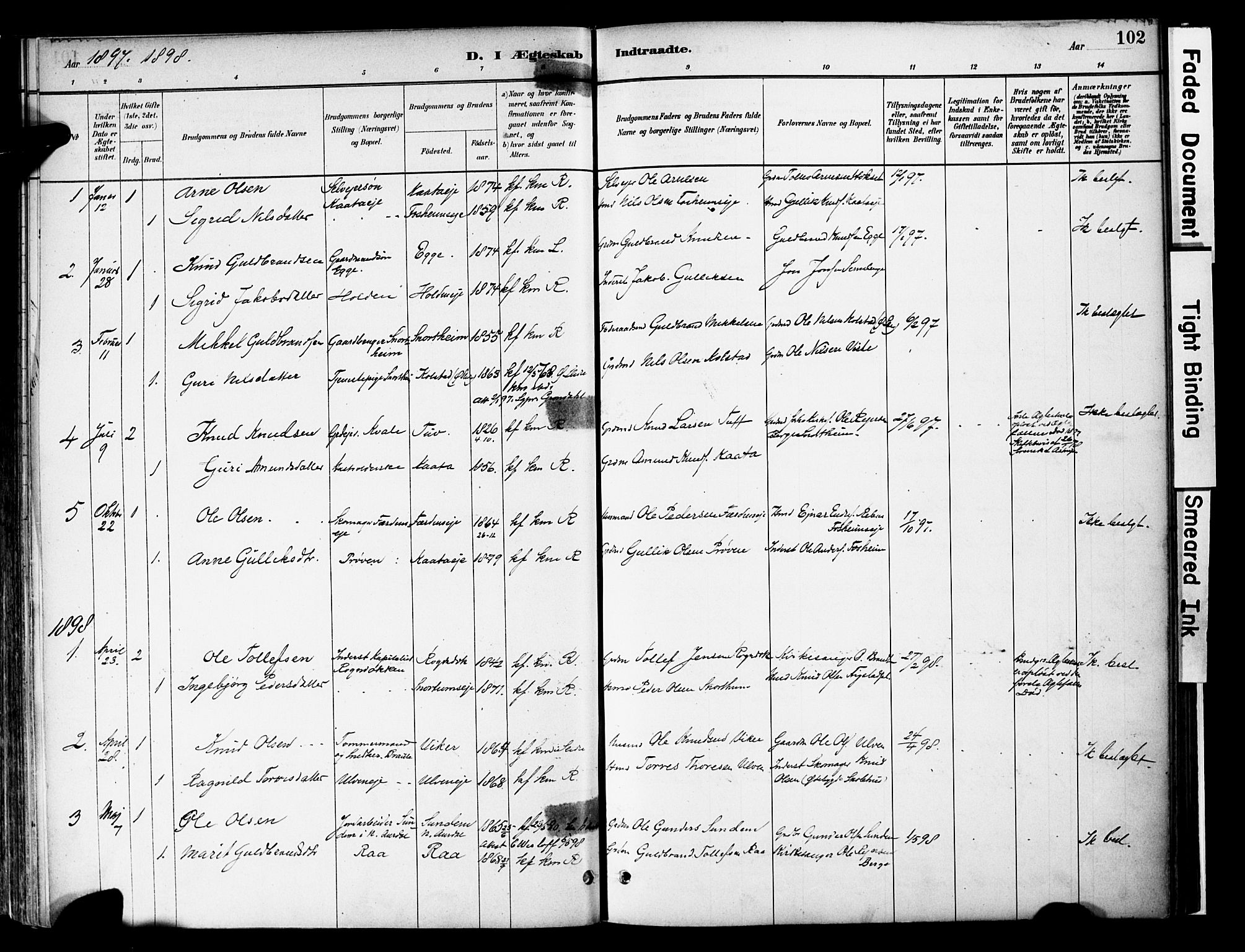 Vestre Slidre prestekontor, SAH/PREST-136/H/Ha/Haa/L0006: Parish register (official) no. 6, 1881-1912, p. 102