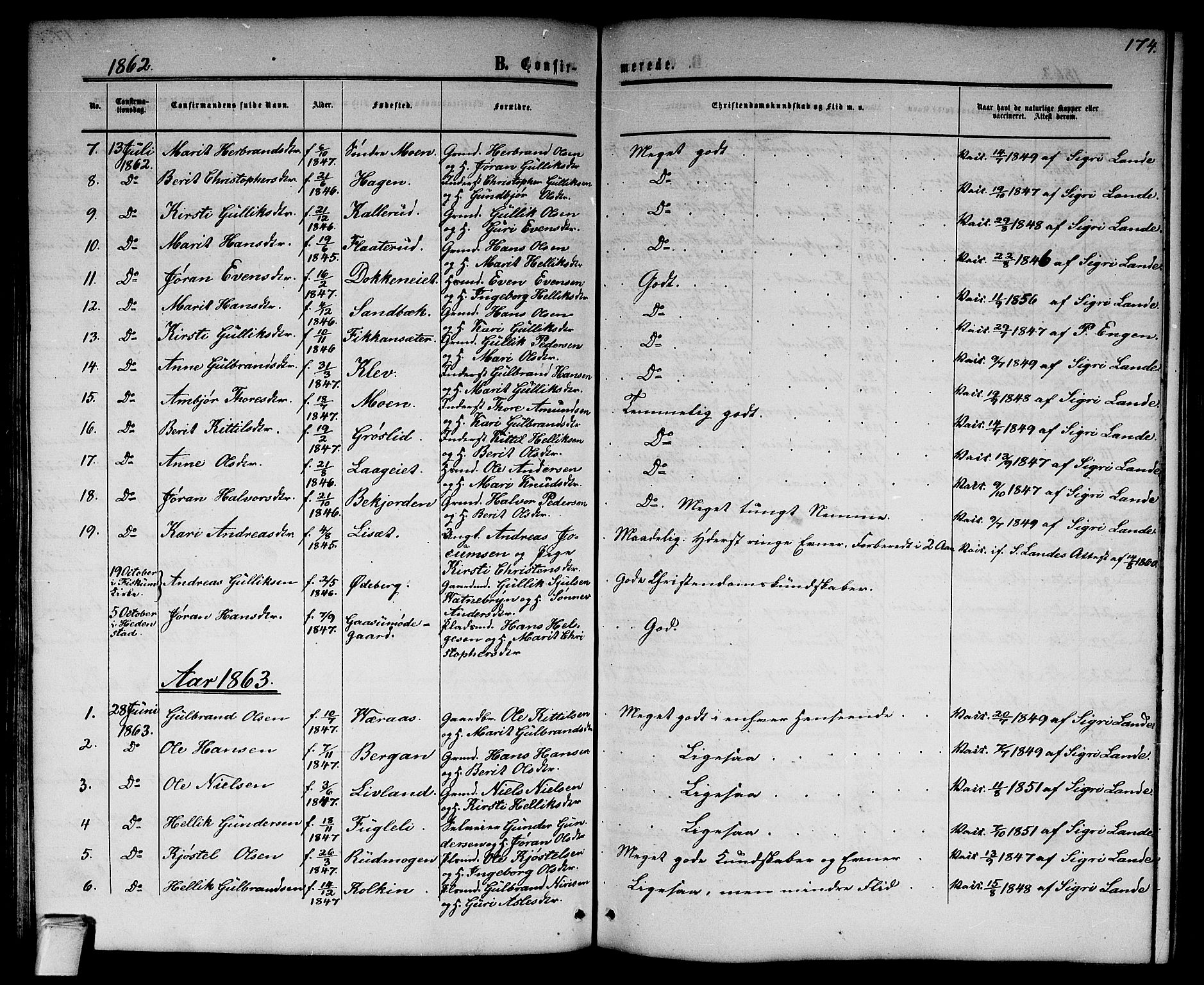 Flesberg kirkebøker, SAKO/A-18/G/Ga/L0003: Parish register (copy) no. I 3, 1861-1889, p. 174