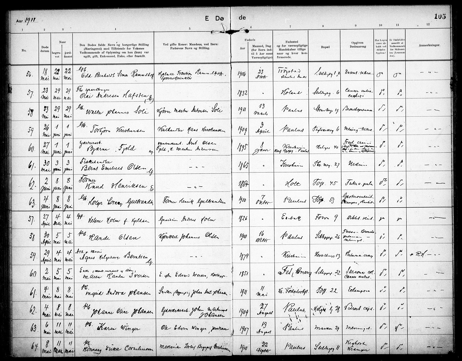Paulus prestekontor Kirkebøker, AV/SAO-A-10871/F/Fa/L0018: Parish register (official) no. 18, 1906-1915, p. 105