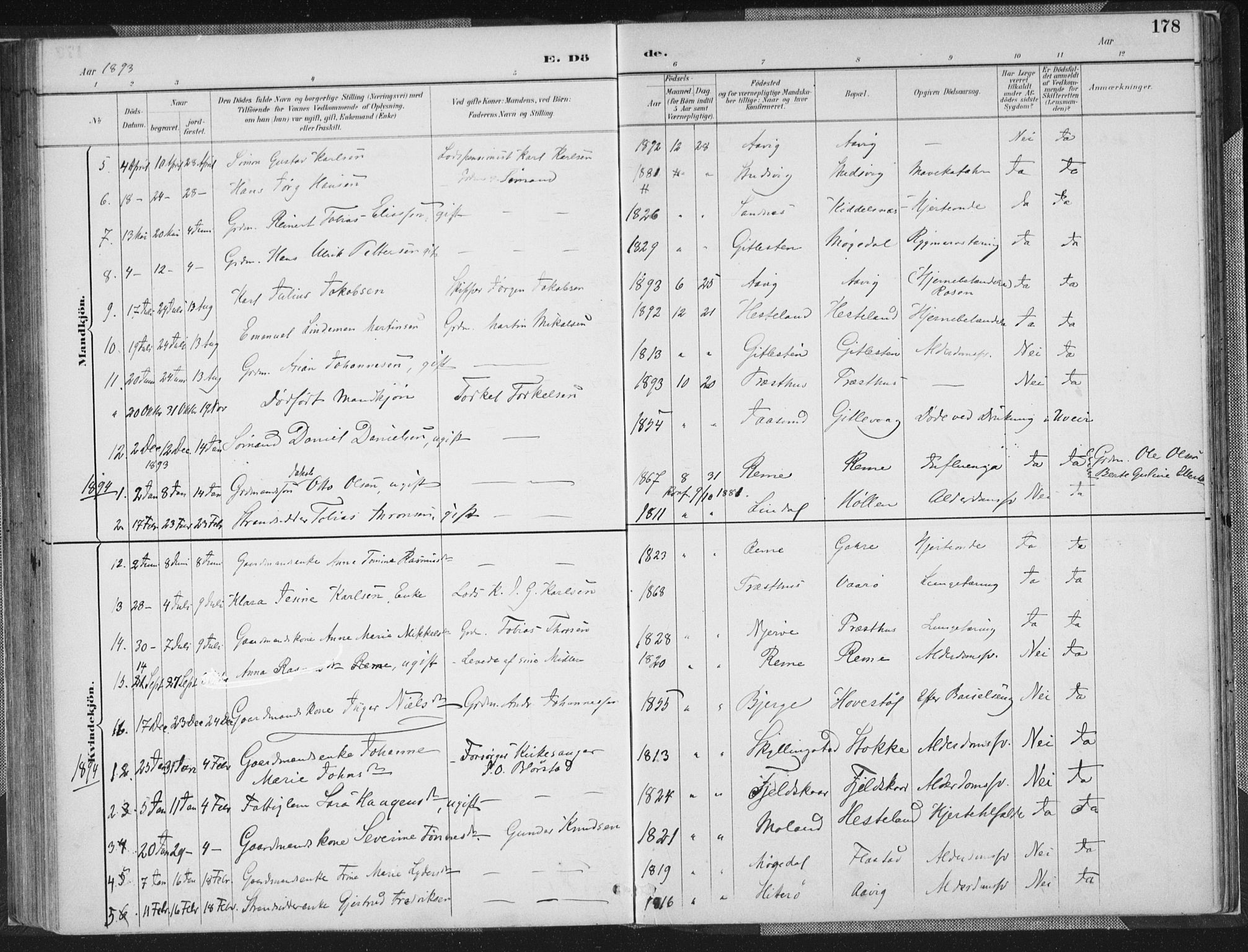 Sør-Audnedal sokneprestkontor, SAK/1111-0039/F/Fa/Faa/L0004: Parish register (official) no. A 4, 1884-1909, p. 178