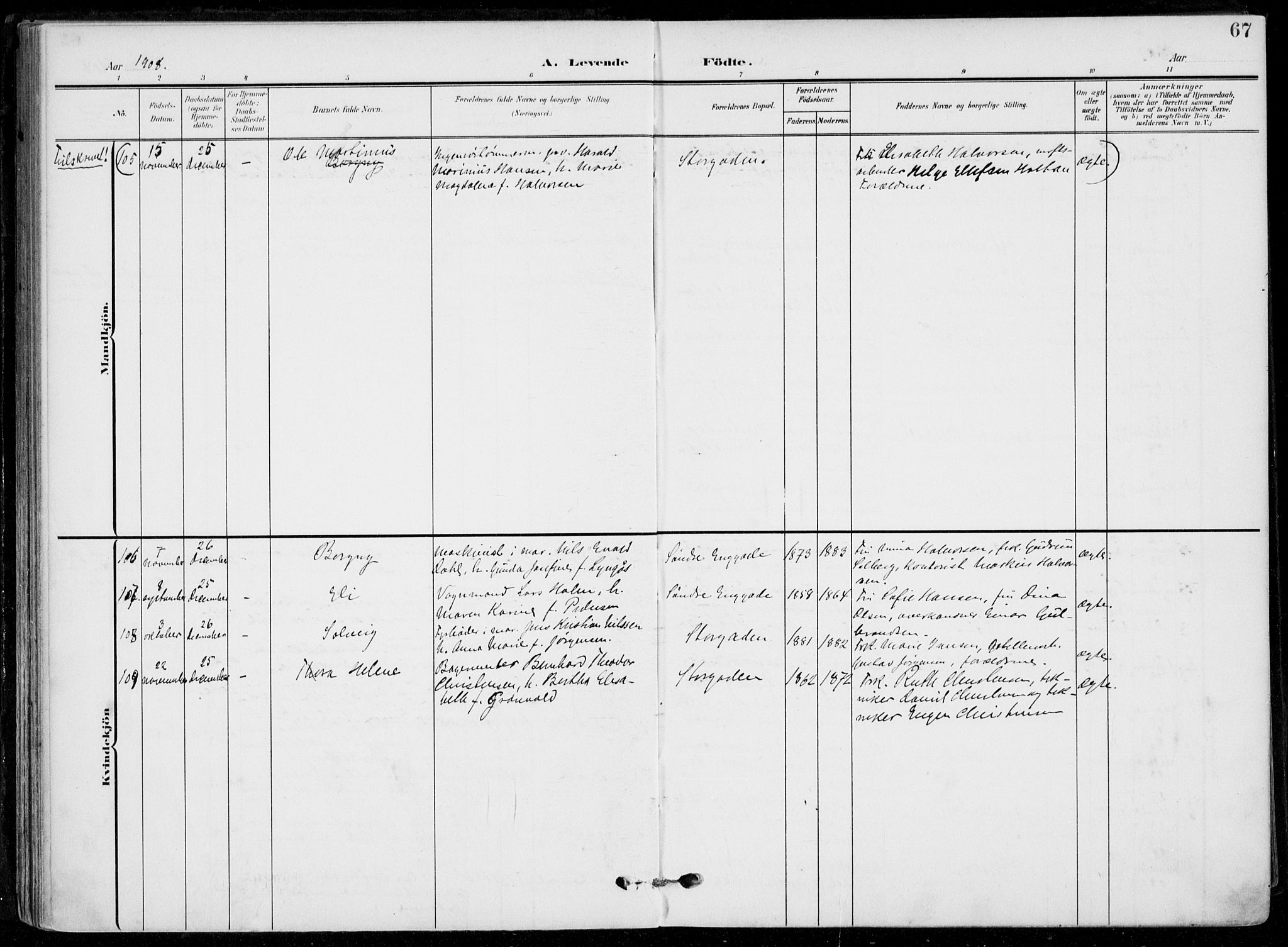 Horten kirkebøker, AV/SAKO-A-348/F/Fa/L0006: Parish register (official) no. 6, 1905-1912, p. 67