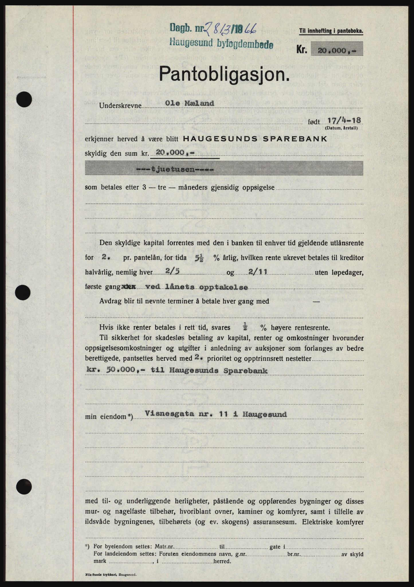 Haugesund tingrett, SAST/A-101415/01/II/IIC/L0056: Mortgage book no. B 56, 1966-1967, Diary no: : 2813/1966