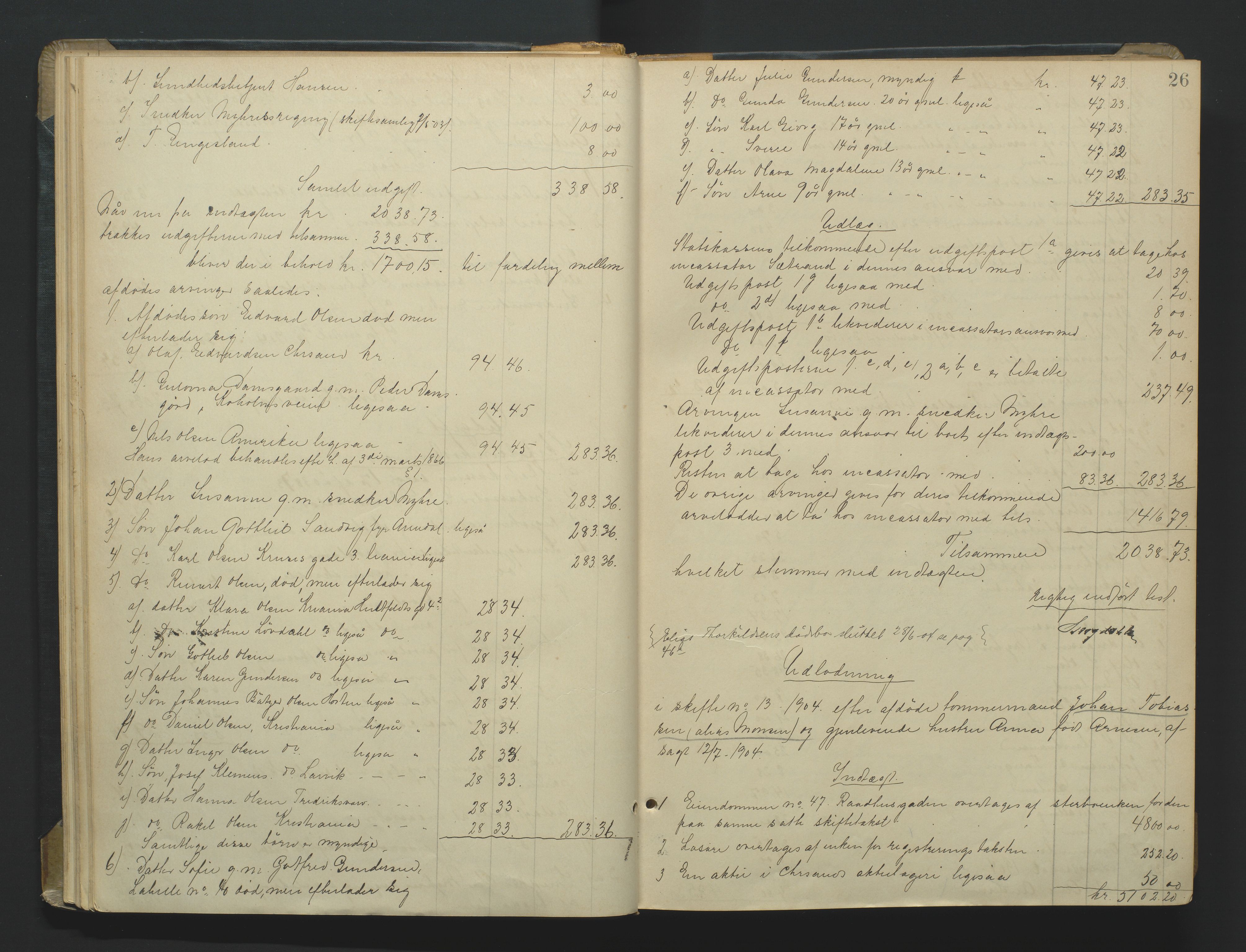Kristiansand byrett, AV/SAK-1223-0001/H/Hc/L0060: Skifteutlodningsprotokoll nr. 6, med register, 1903-1916, p. 26