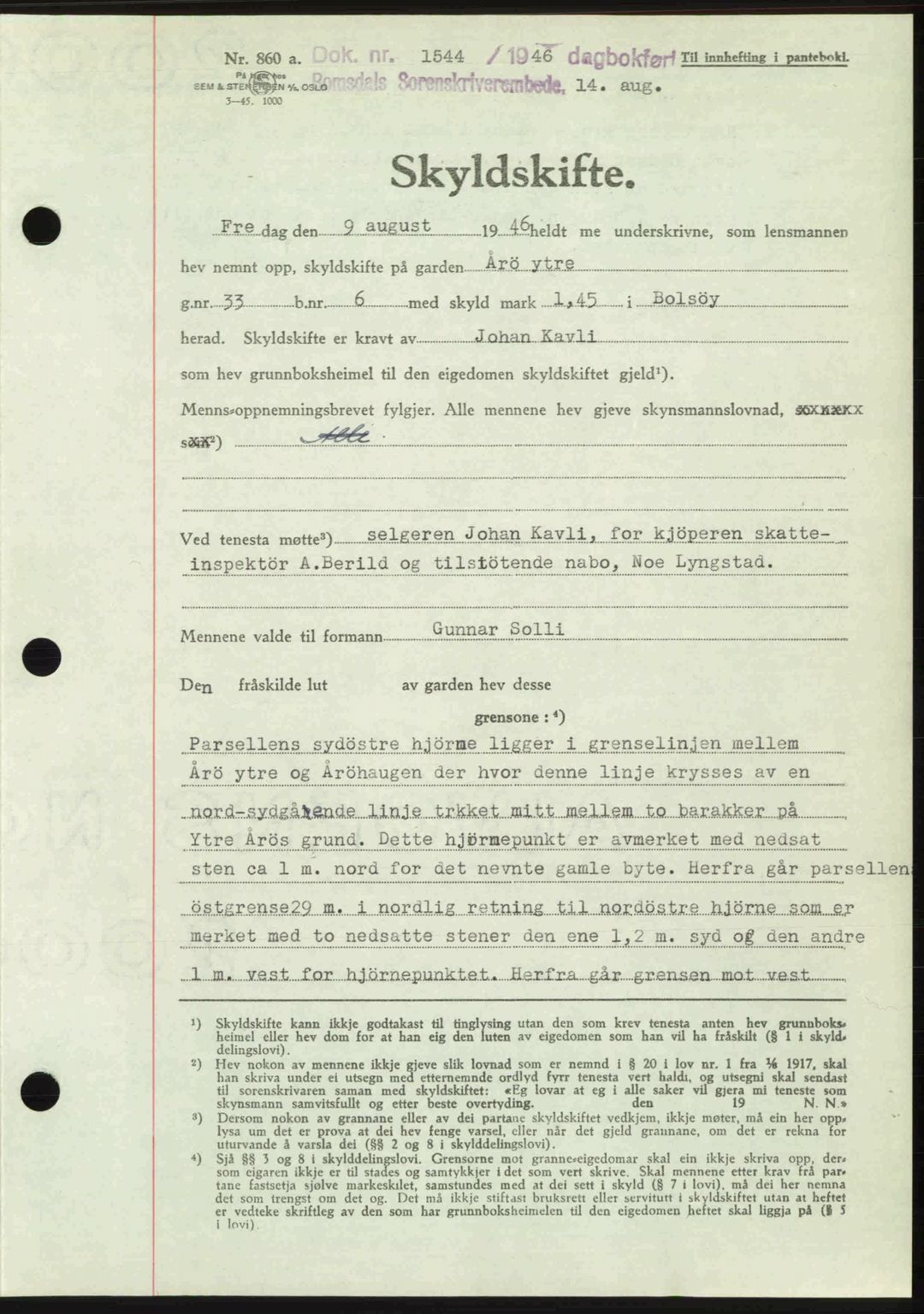 Romsdal sorenskriveri, AV/SAT-A-4149/1/2/2C: Mortgage book no. A20, 1946-1946, Diary no: : 1544/1946