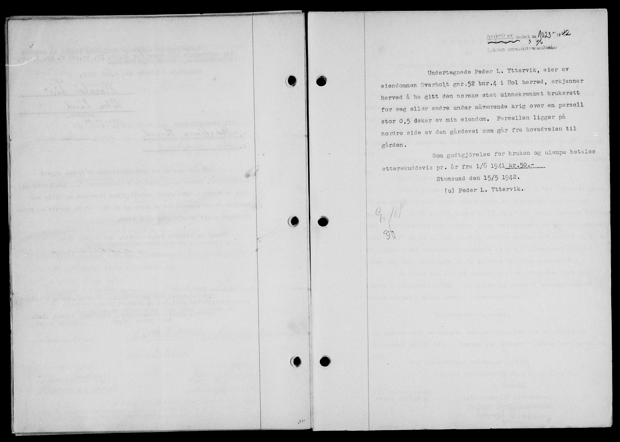 Lofoten sorenskriveri, SAT/A-0017/1/2/2C/L0010a: Mortgage book no. 10a, 1942-1943, Diary no: : 1023/1942