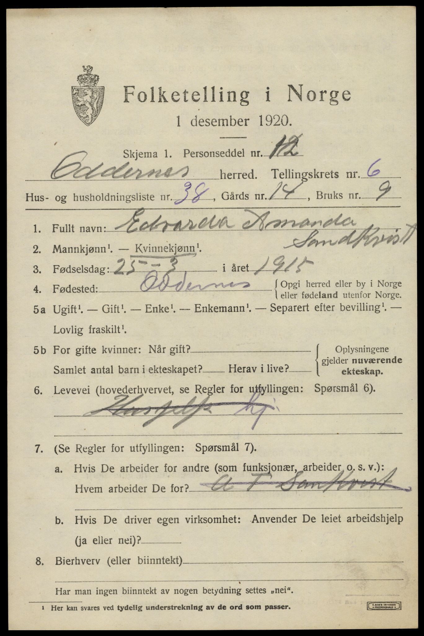 SAK, 1920 census for Oddernes, 1920, p. 5393