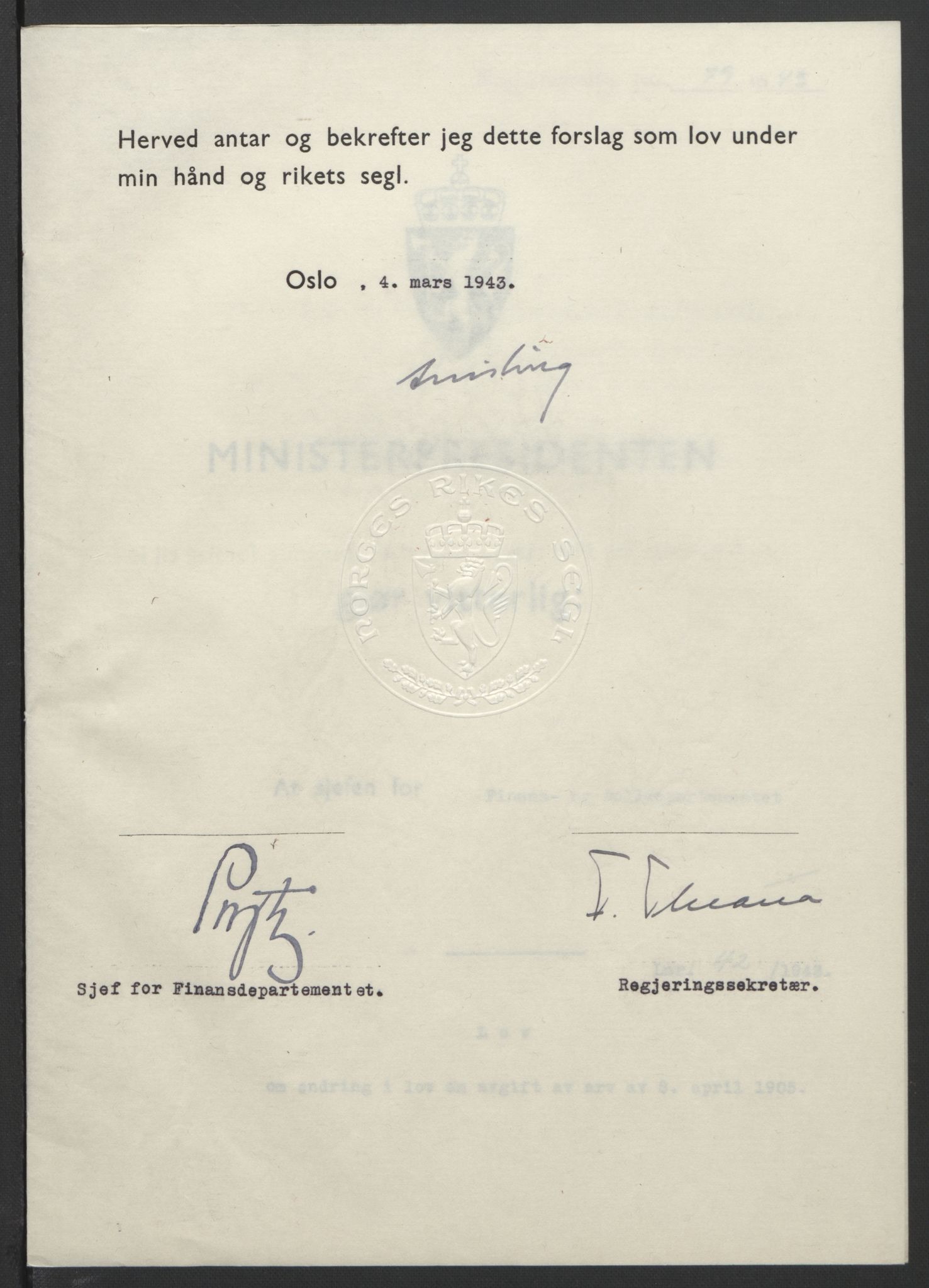 NS-administrasjonen 1940-1945 (Statsrådsekretariatet, de kommisariske statsråder mm), RA/S-4279/D/Db/L0099: Lover, 1943, p. 187