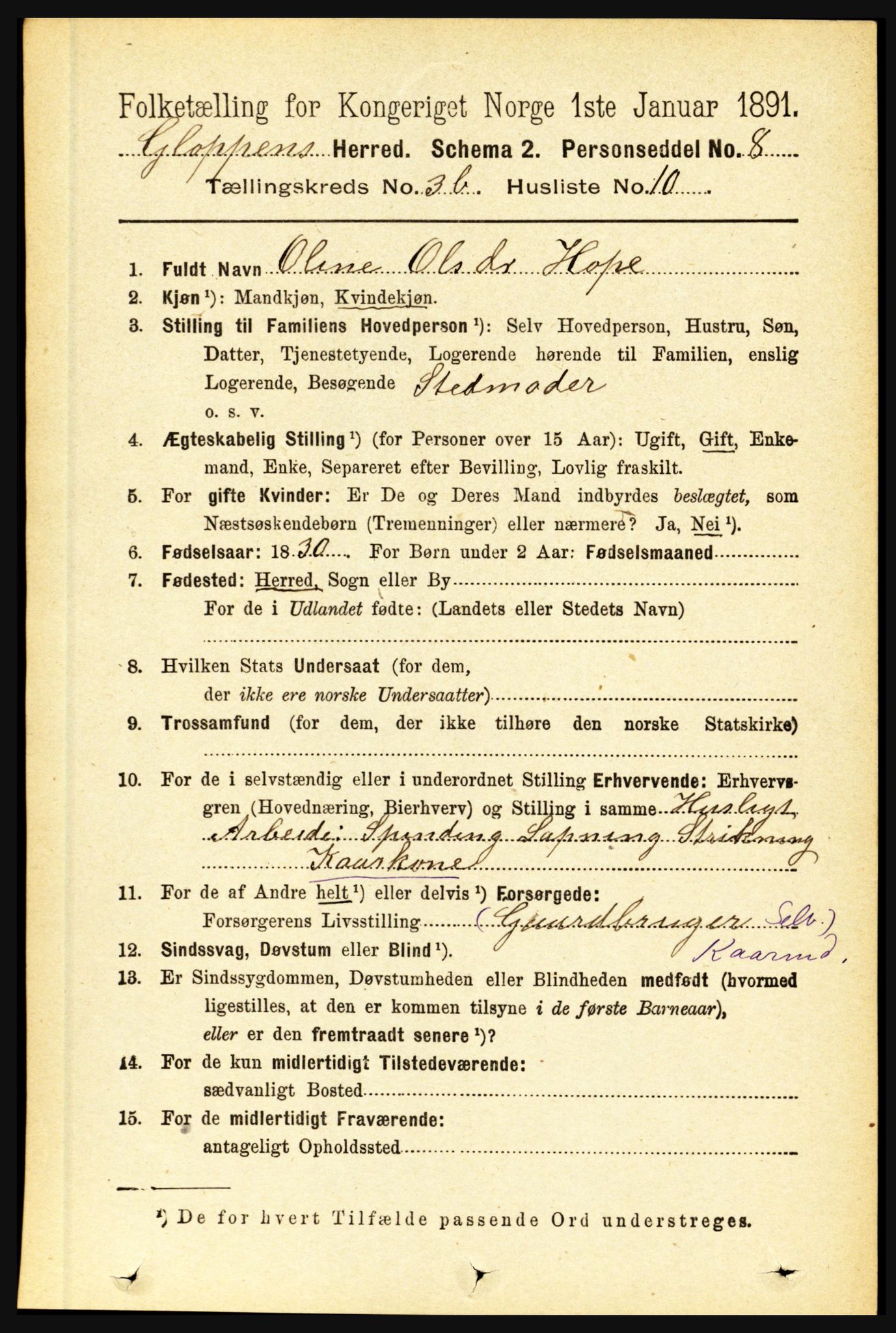 RA, 1891 census for 1445 Gloppen, 1891, p. 1518