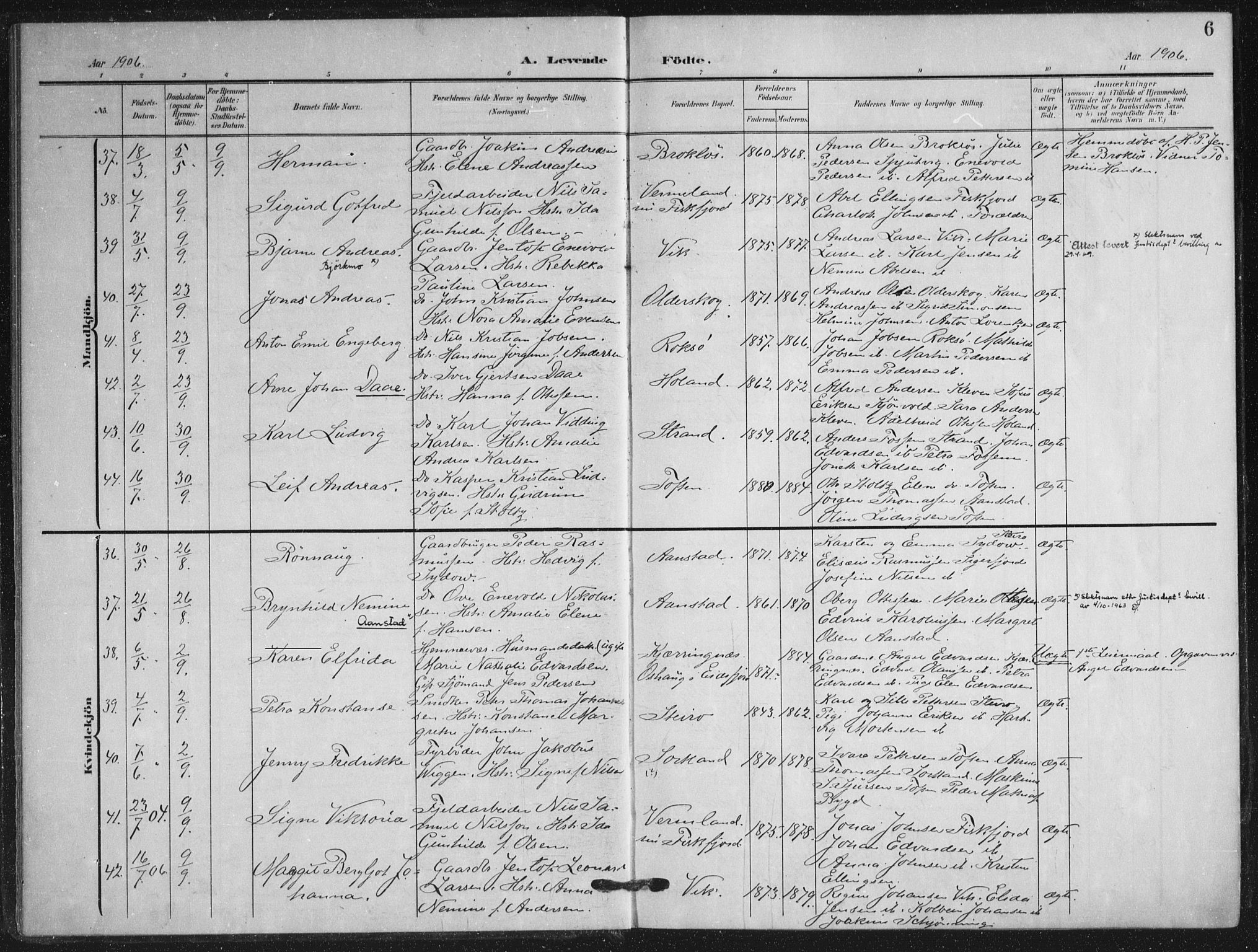 Ministerialprotokoller, klokkerbøker og fødselsregistre - Nordland, SAT/A-1459/895/L1373: Parish register (official) no. 895A08, 1905-1915, p. 6