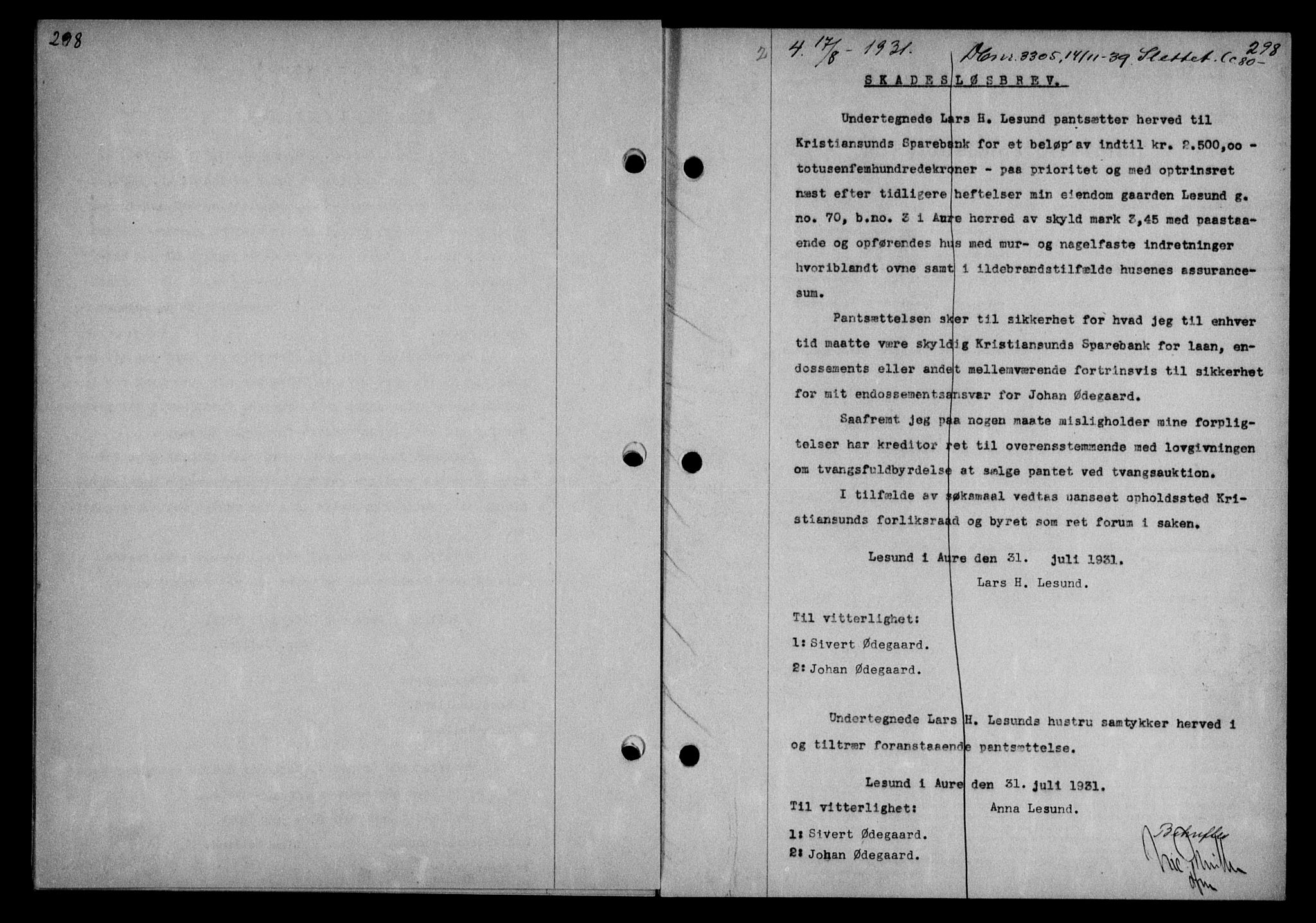 Nordmøre sorenskriveri, SAT/A-4132/1/2/2Ca/L0074: Mortgage book no. 63, 1931-1931, Deed date: 17.08.1931