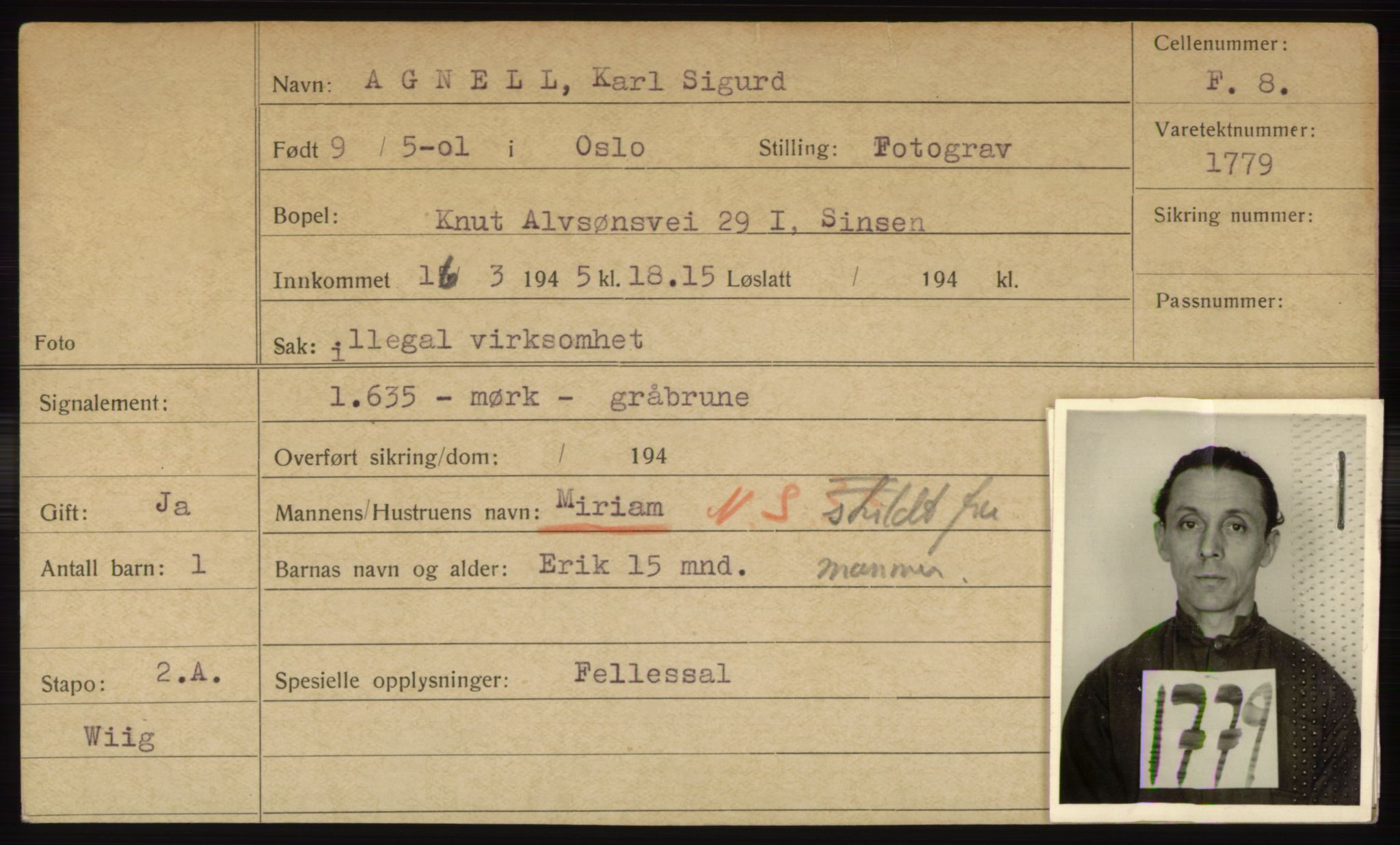 Statspolitiet - Hovedkontoret / Osloavdelingen, AV/RA-S-1329/C/Ck/Cke/L0002: Fangeregister; etternavn A - F, 1941-1945, p. 7