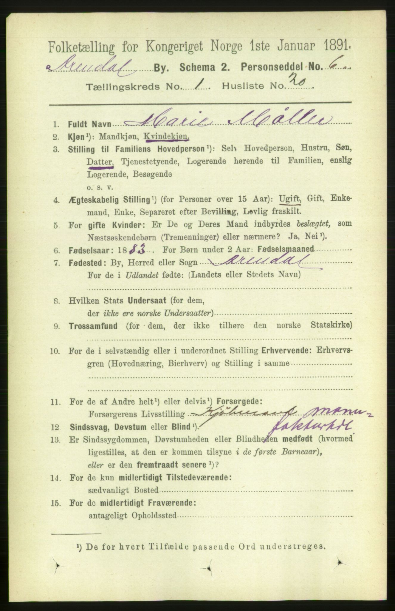 RA, 1891 census for 0903 Arendal, 1891, p. 1204