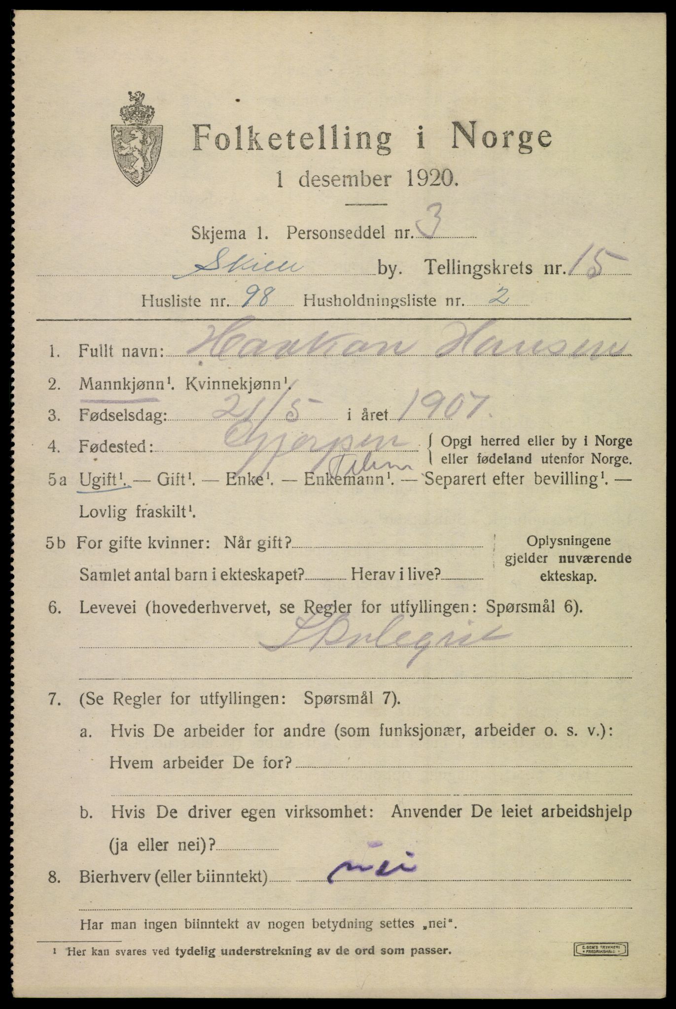 SAKO, 1920 census for Skien, 1920, p. 45078