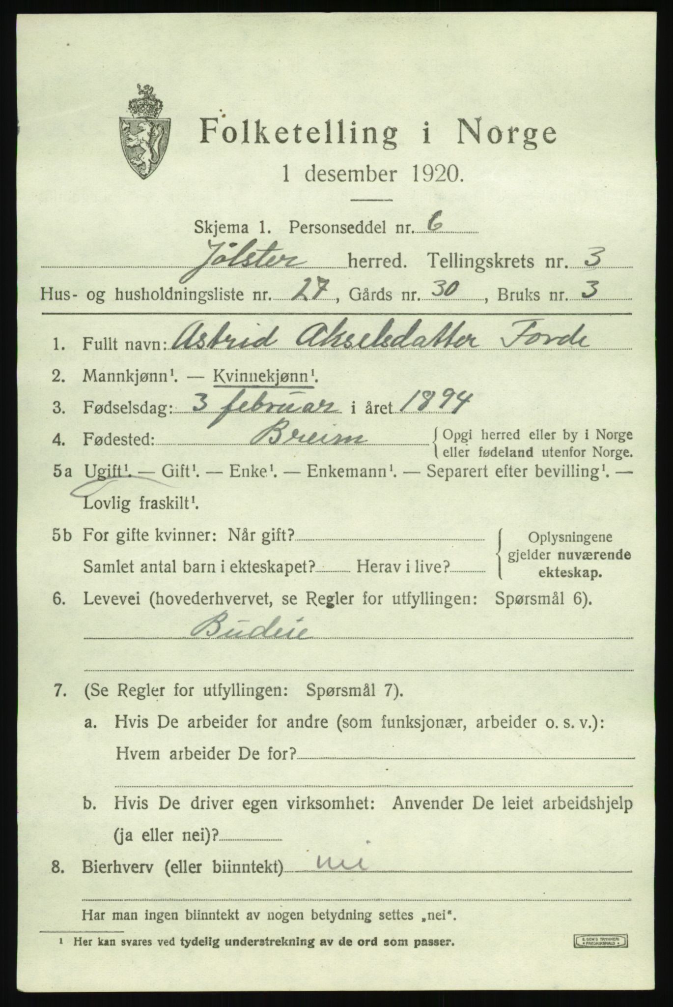 SAB, 1920 census for Jølster, 1920, p. 2354