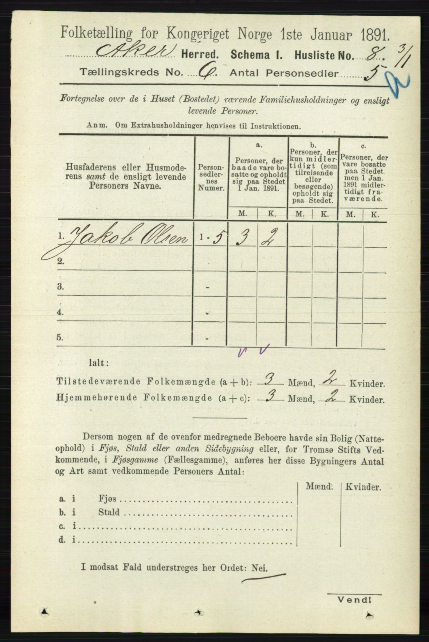 RA, 1891 census for 0218 Aker, 1891, p. 5416