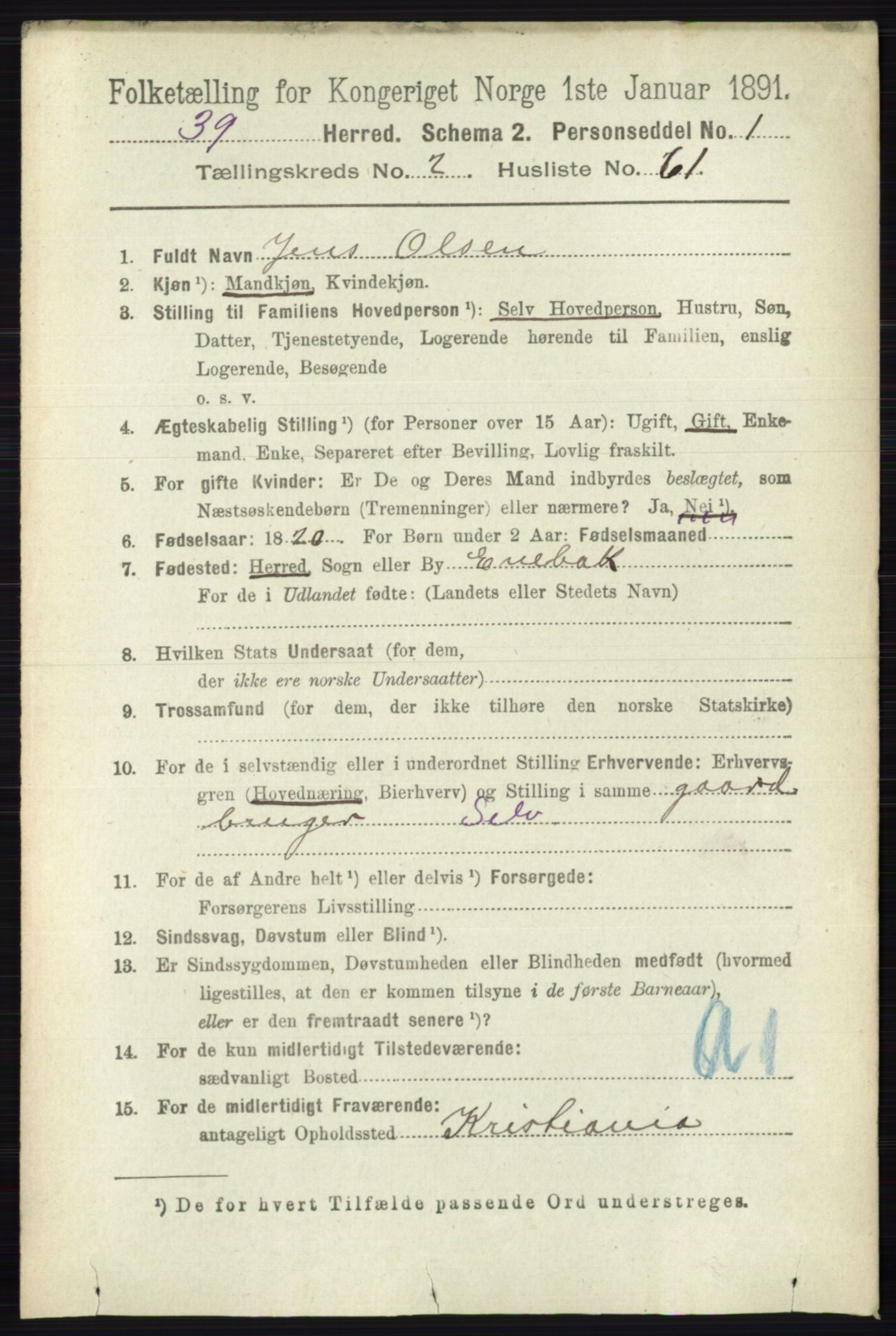 RA, 1891 census for 0235 Ullensaker, 1891, p. 1051